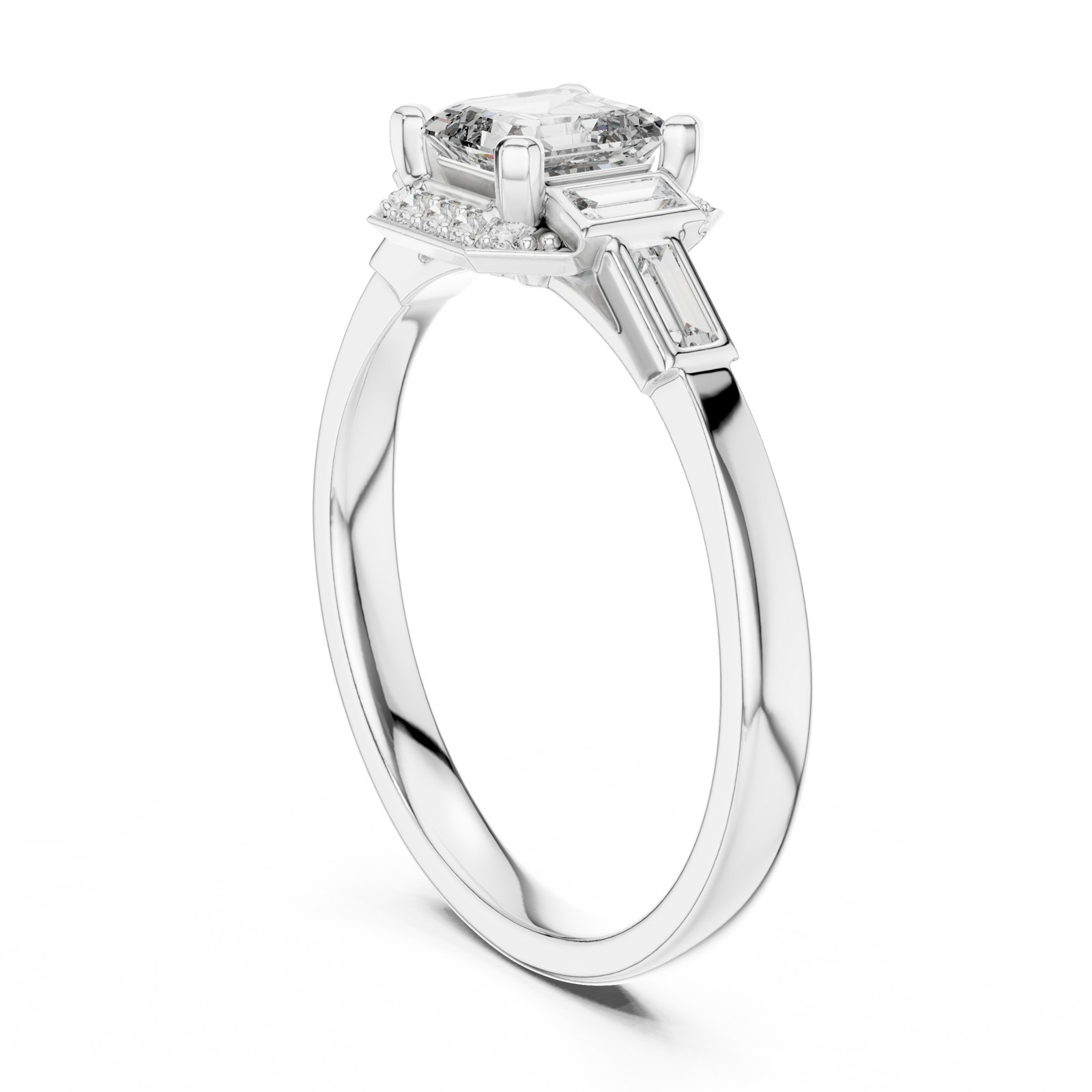 Lea Radiant Halo Engagement Ring with Baguette Side Stones in white gold