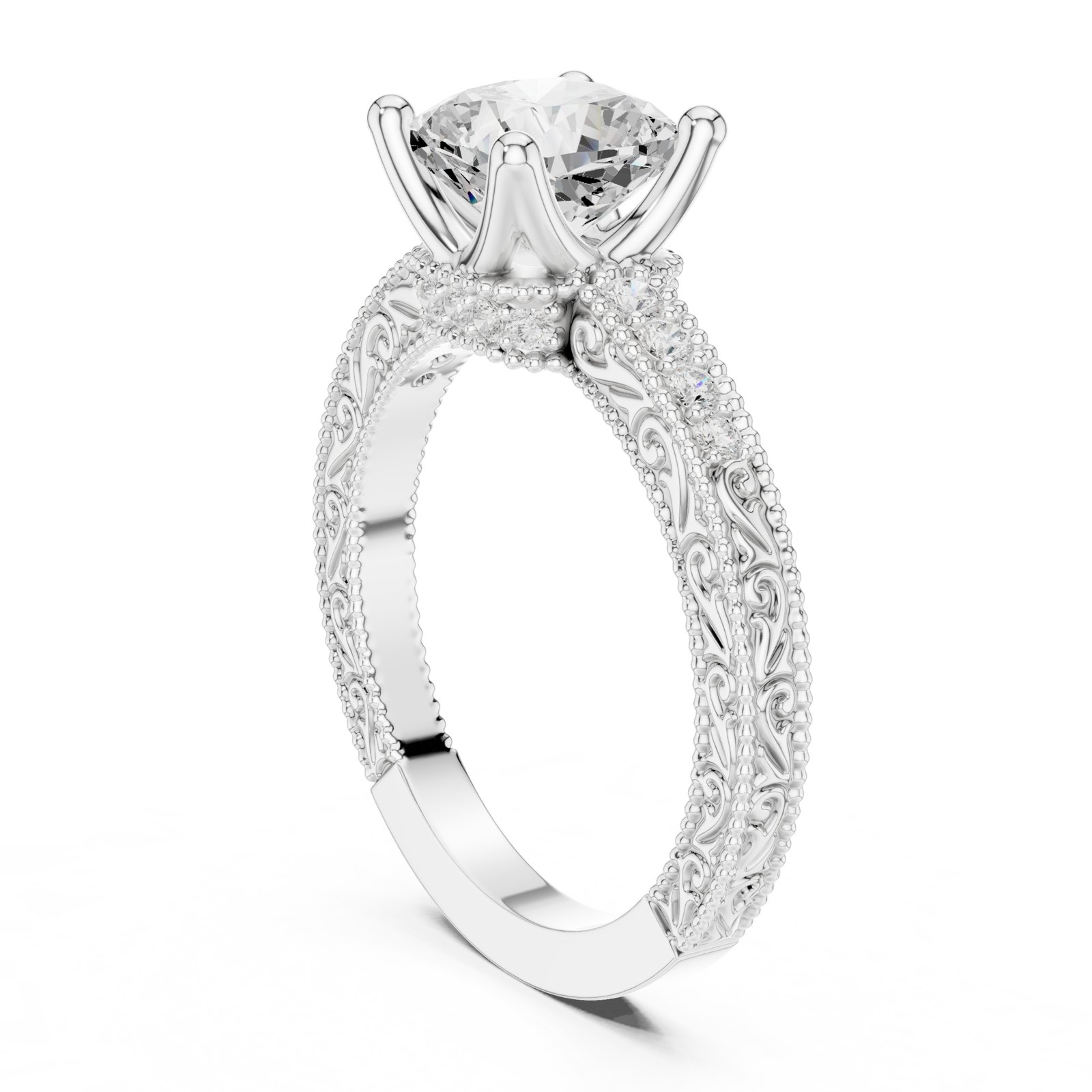 Brita Cushion Vintage Style Engagement Ring with Engraved Band in white gold
