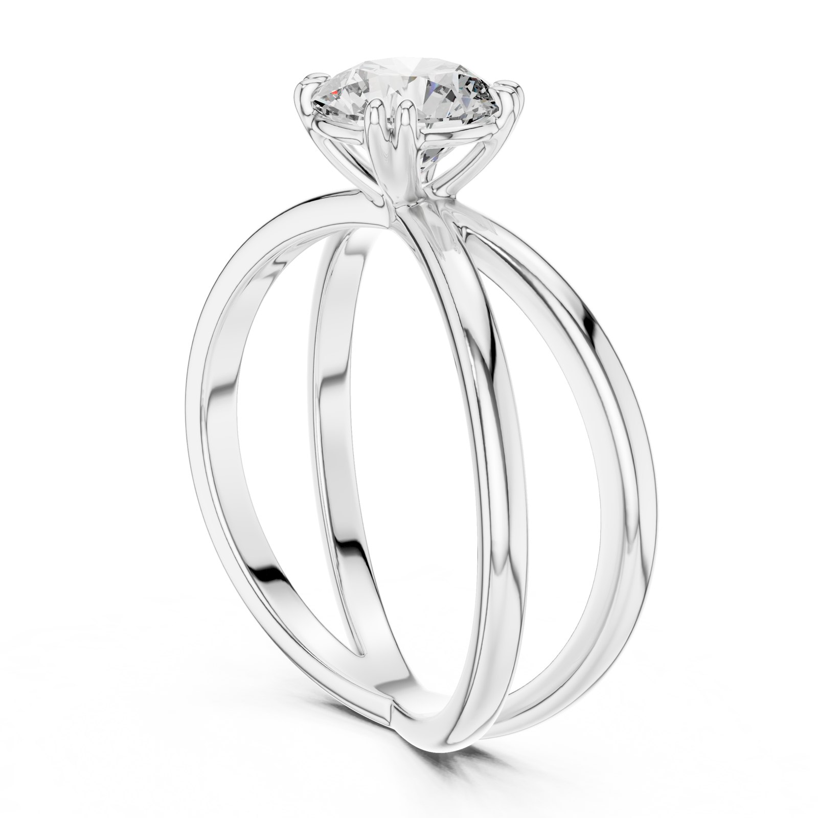 Agathe Crossover Split Shank Round Solitaire Engagement Ring in white gold