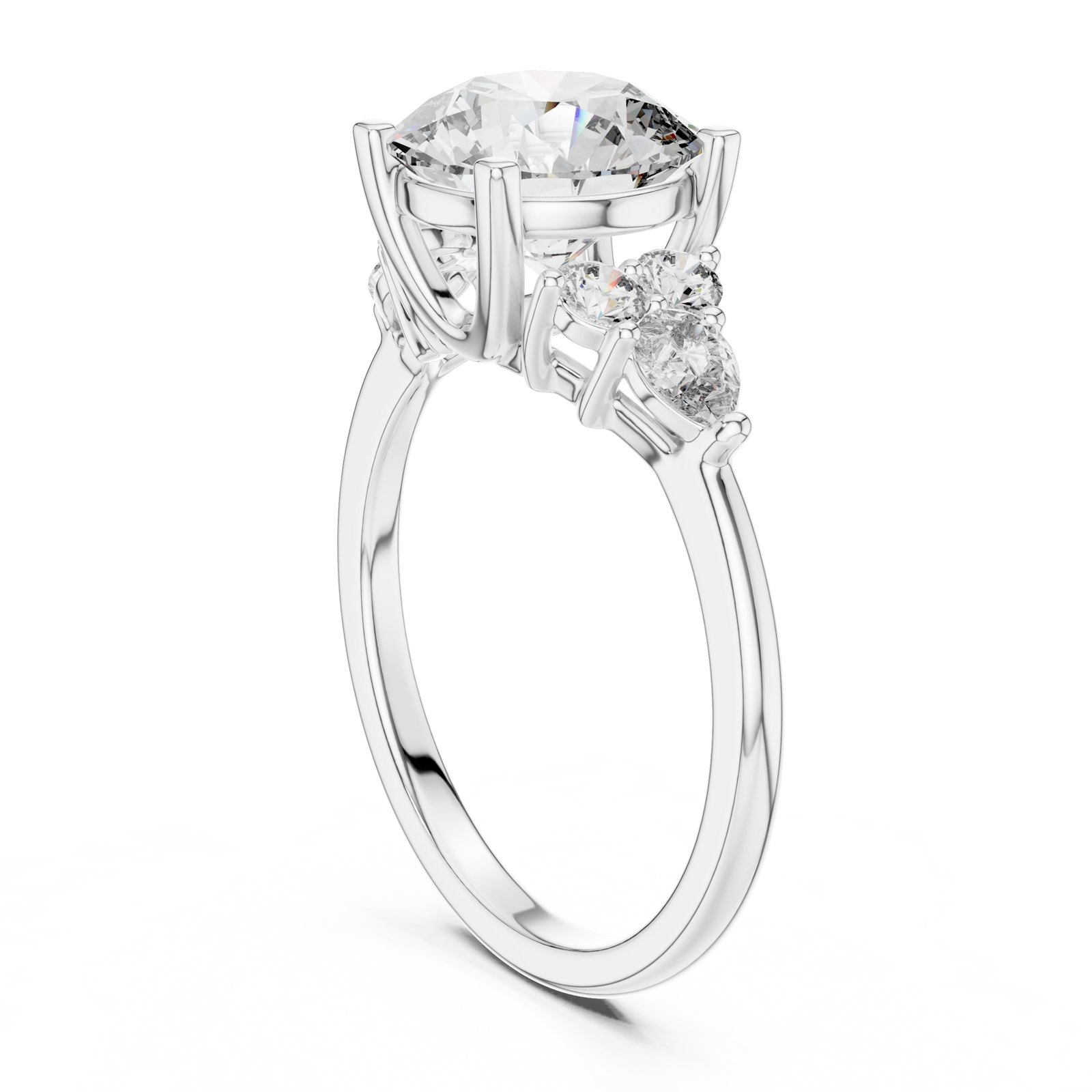 Gianina Round Three Stone Engagement Ring with Cluster Sides in white gold