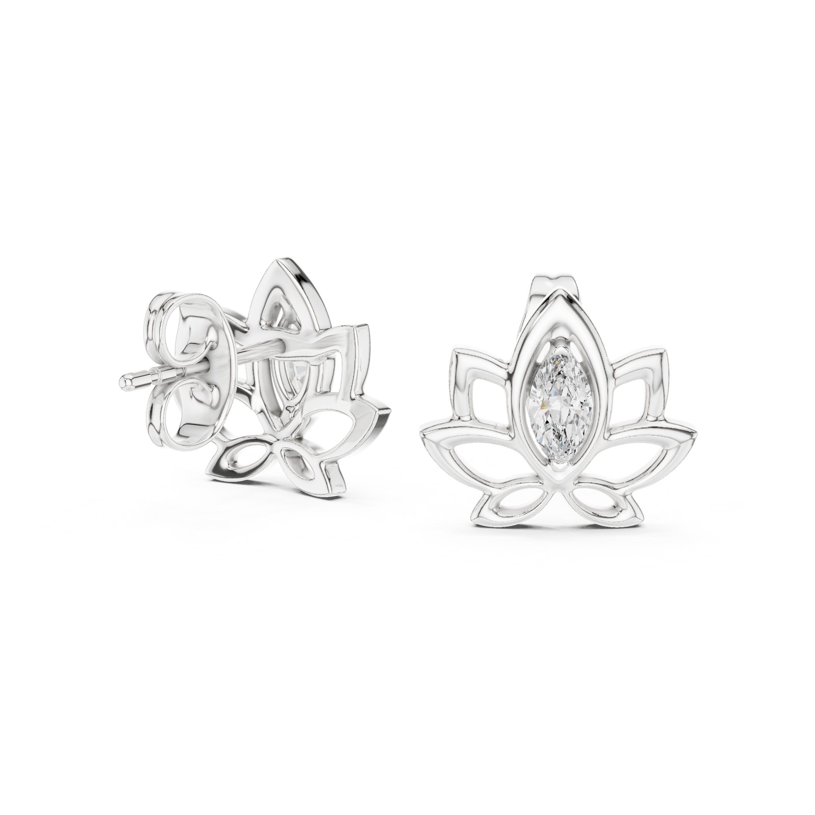 Gentiana Lotus Marquise Diamond Stud Earrings in white gold