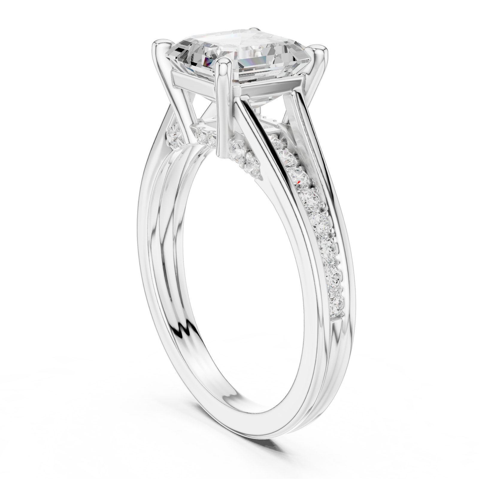 Corina Emerald Cut Split Shank Cathedral Pavé Engagement Ring in white gold