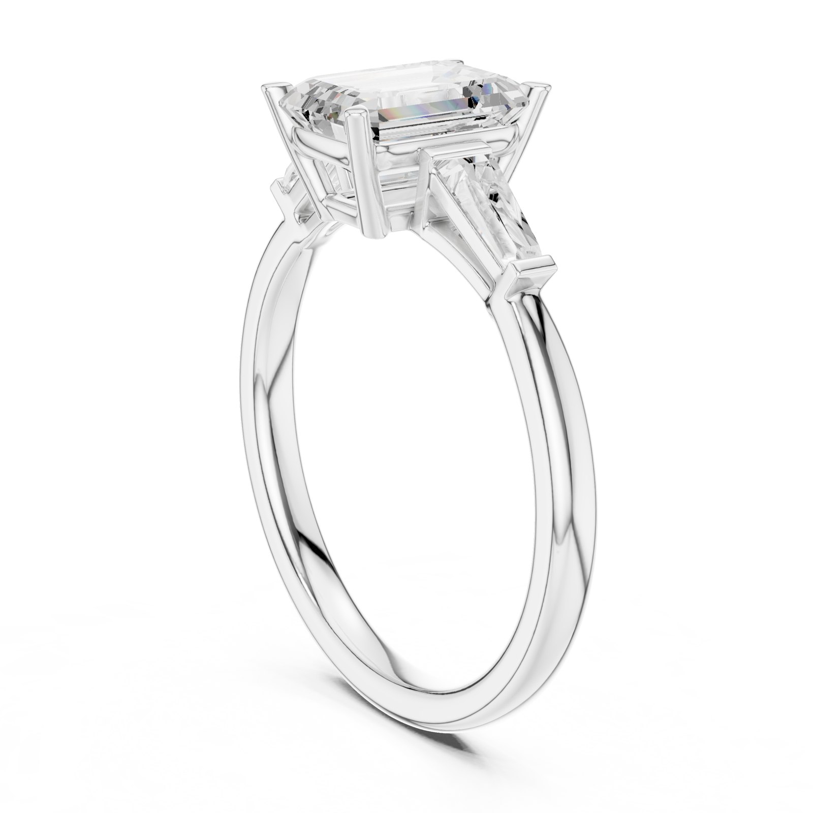 Renata Emerald Cut Three Stone Engagement Ring with Baguettes in white gold