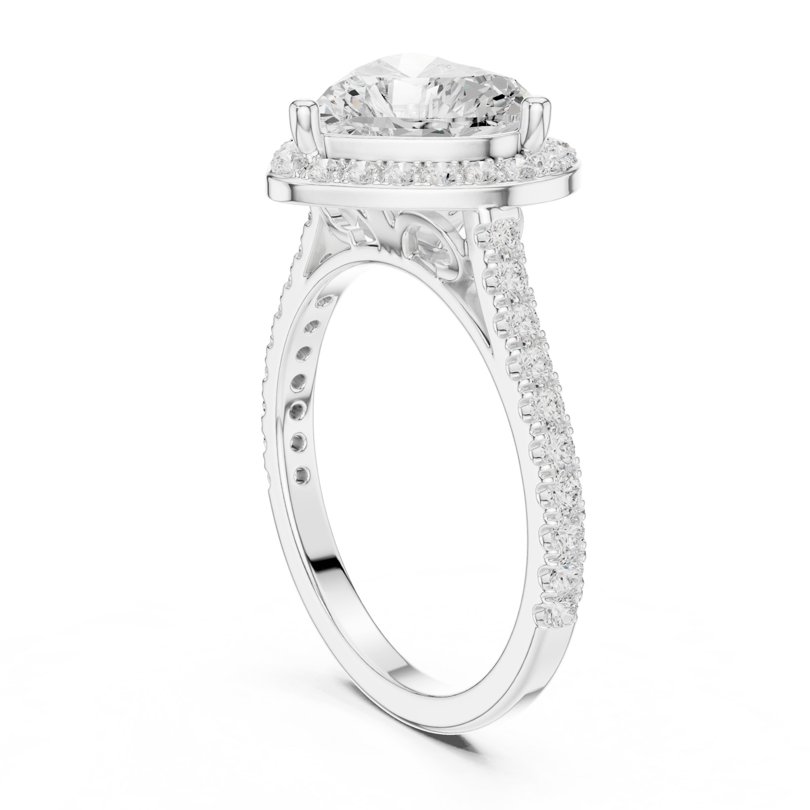 Eufemia Heart Halo Engagement Ring with Pavé Band and Scroll Gallery in white gold