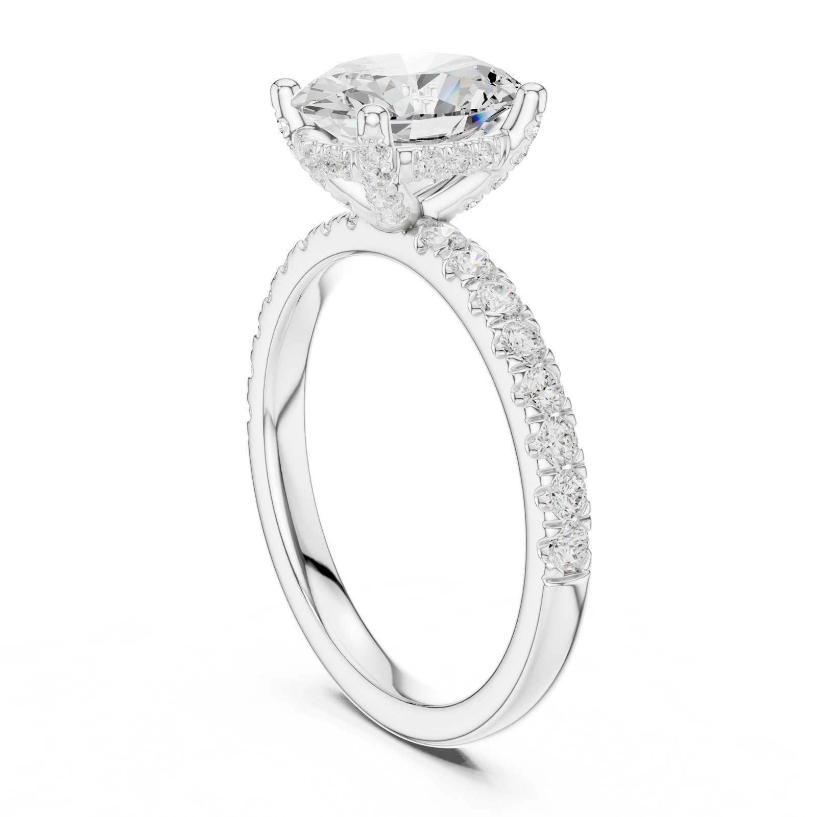 Dorothea Oval Hidden Halo Engagement Ring with Pavé Band in white gold