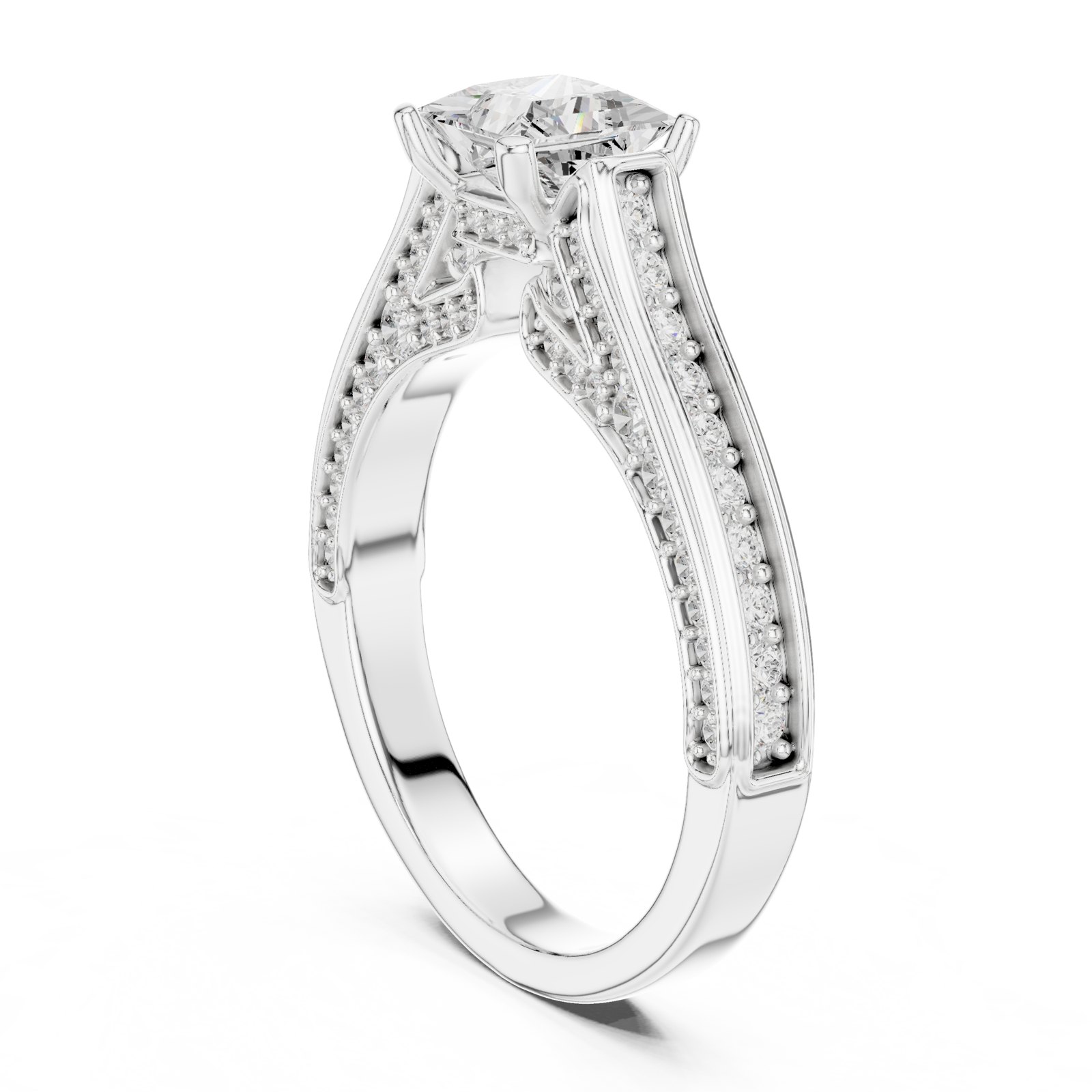 Rosaura Vintage Style Princess Cut Cathedral Pavé Engagement Ring in white gold