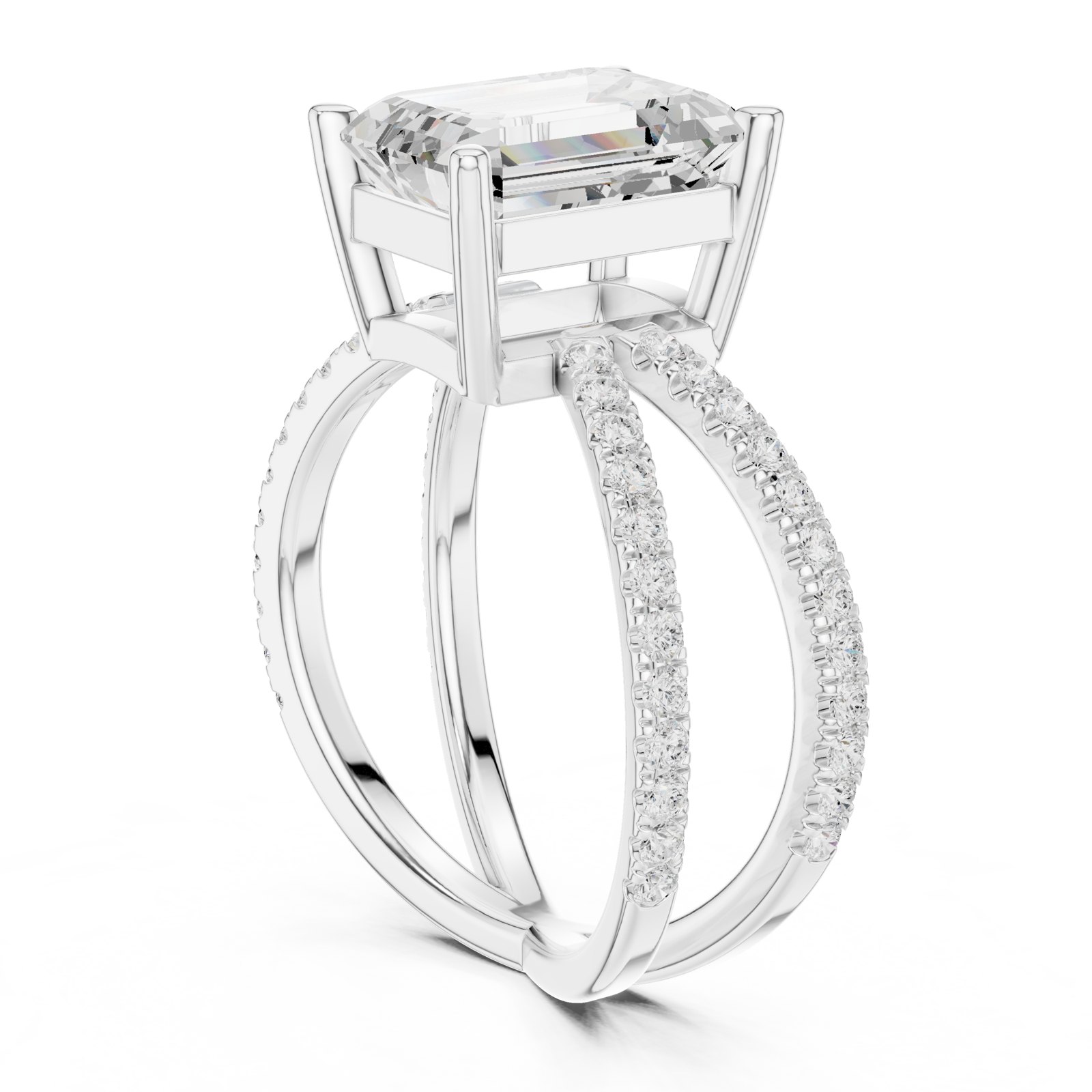 Britta Emerald Cut Split Pavé Shank Engagement Ring in white gold