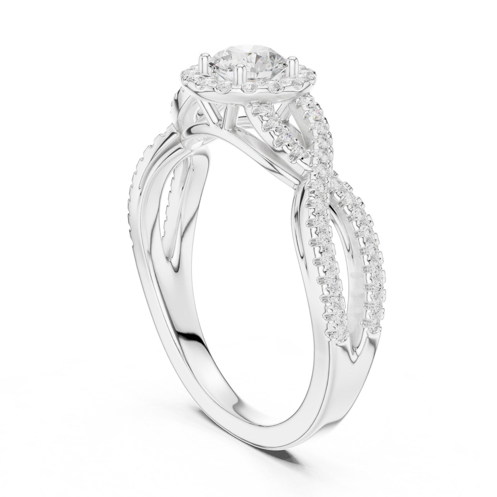 Alejandra Round Halo Engagement Ring with Infinity Twist Pavé Band in white gold