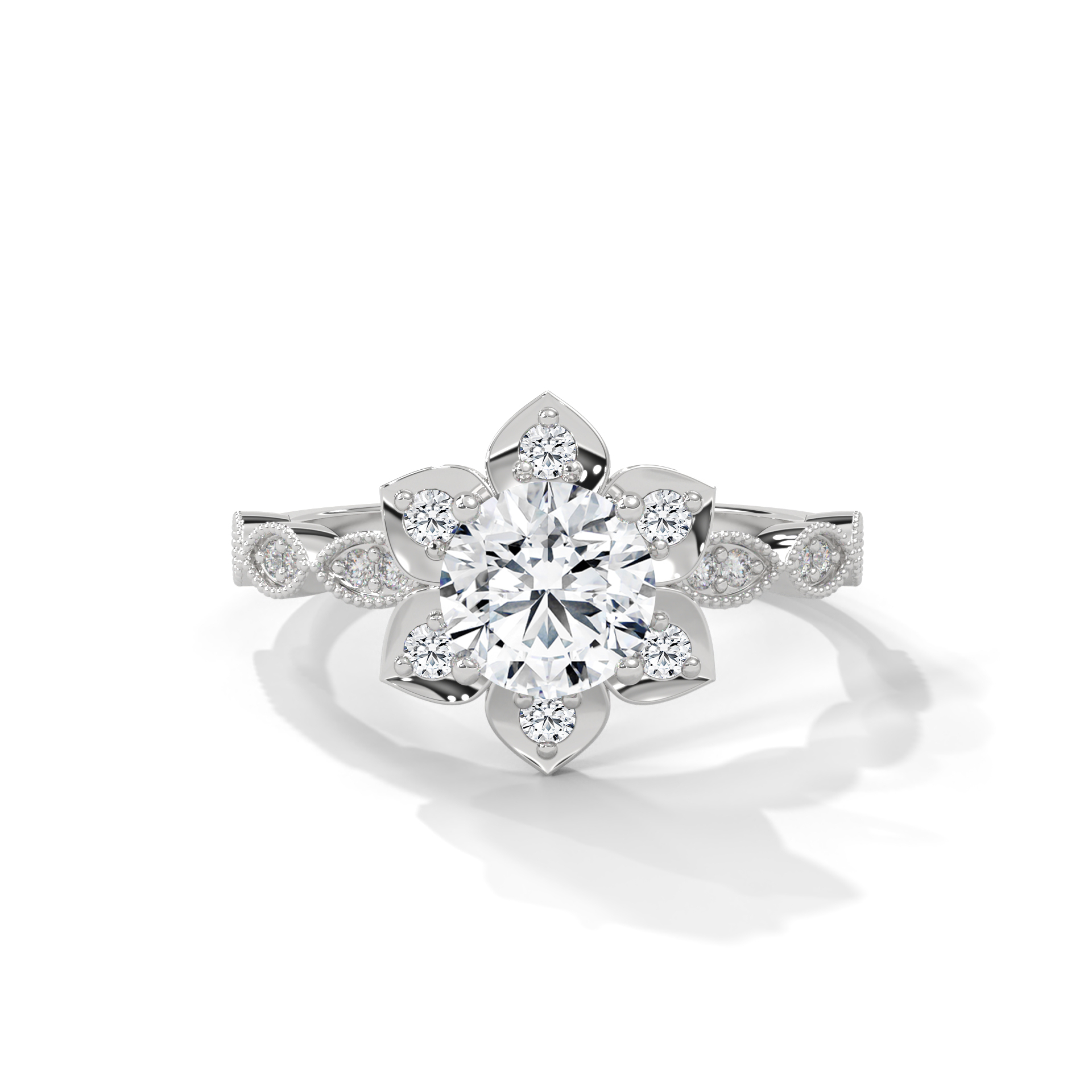 Round Floral Petal Halo Ring