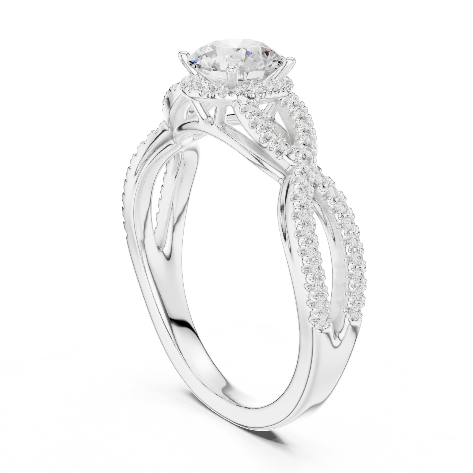 Zuzana Round Halo Engagement Ring with Twisted Pavé Band in white gold