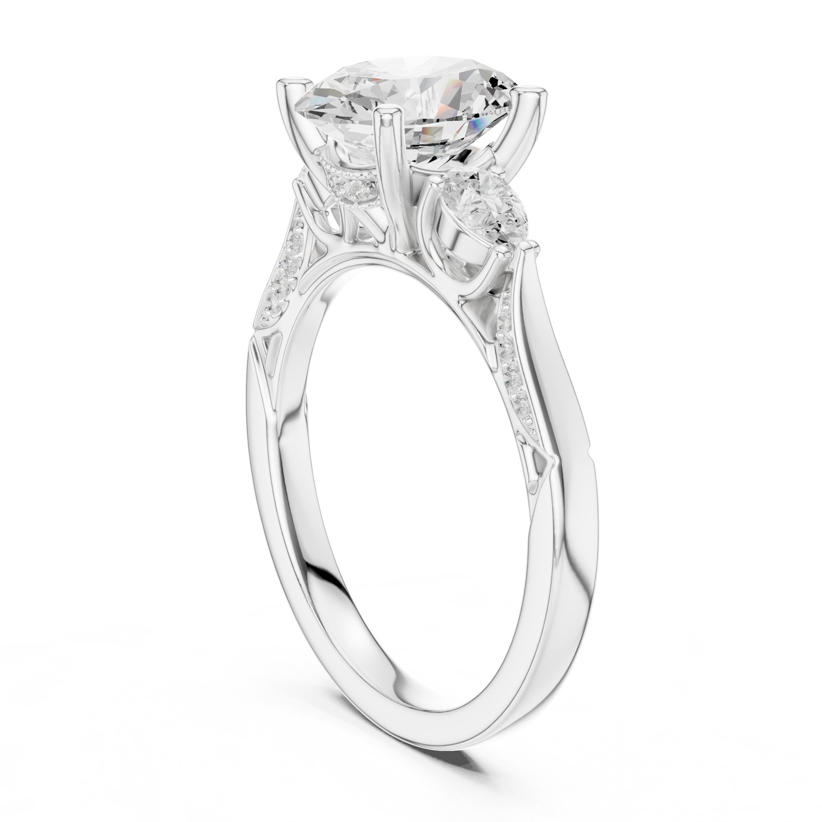 Rose Oval Three Stone Engagement Ring with Pavé Band in white gold
