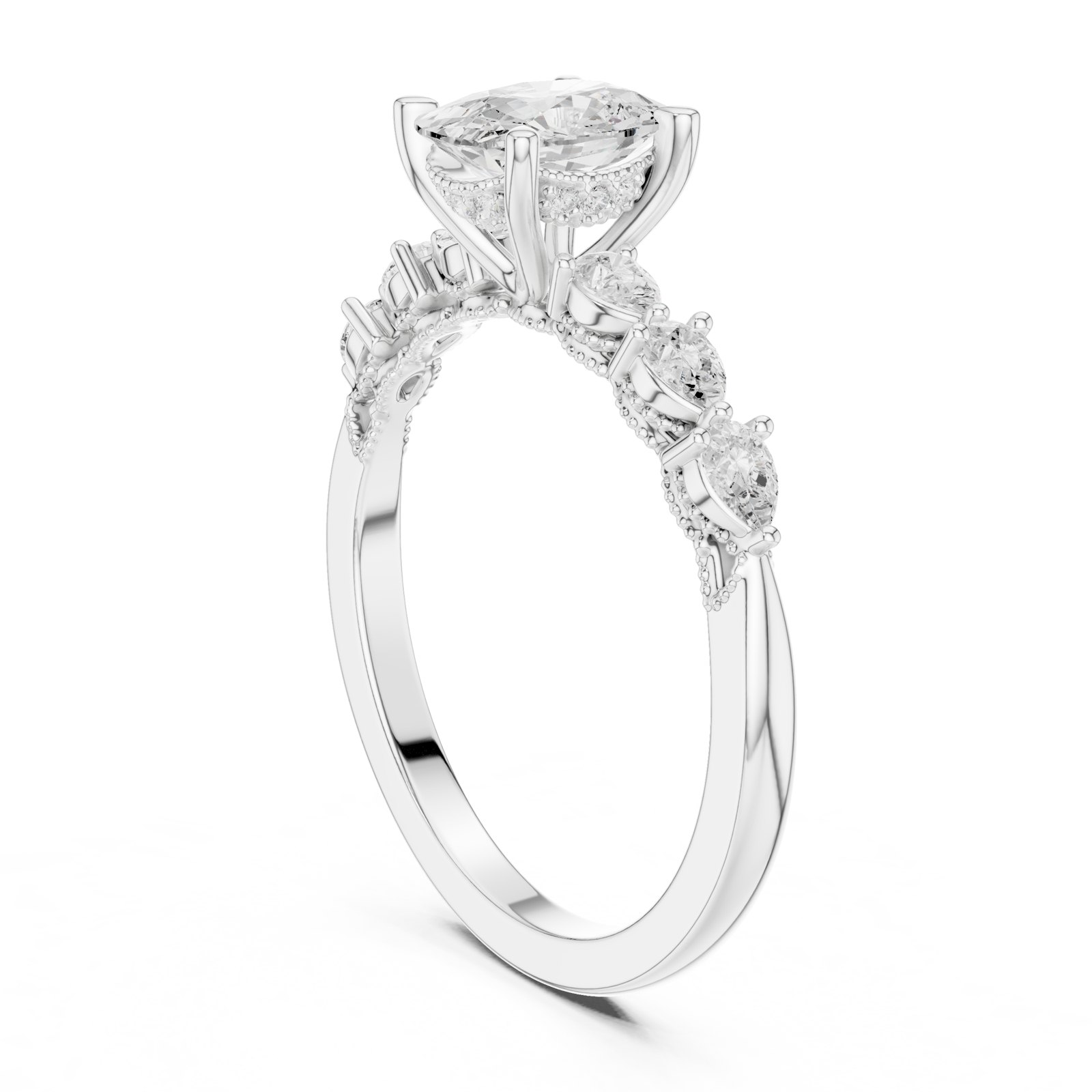 Tonia Cushion Vintage Style Engagement Ring with Pear Accents in white gold