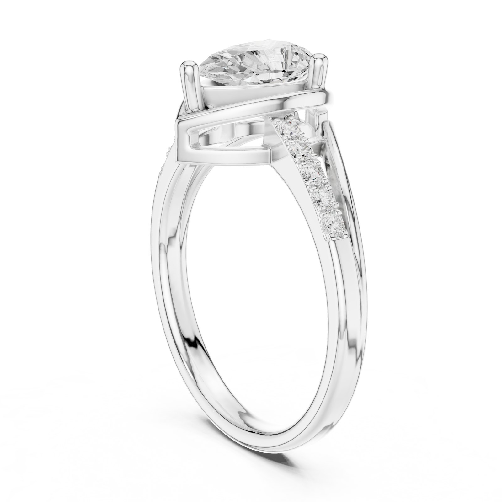 Ariana Pear Split Shank Bypass Engagement Ring with Pavé Arm in white gold
