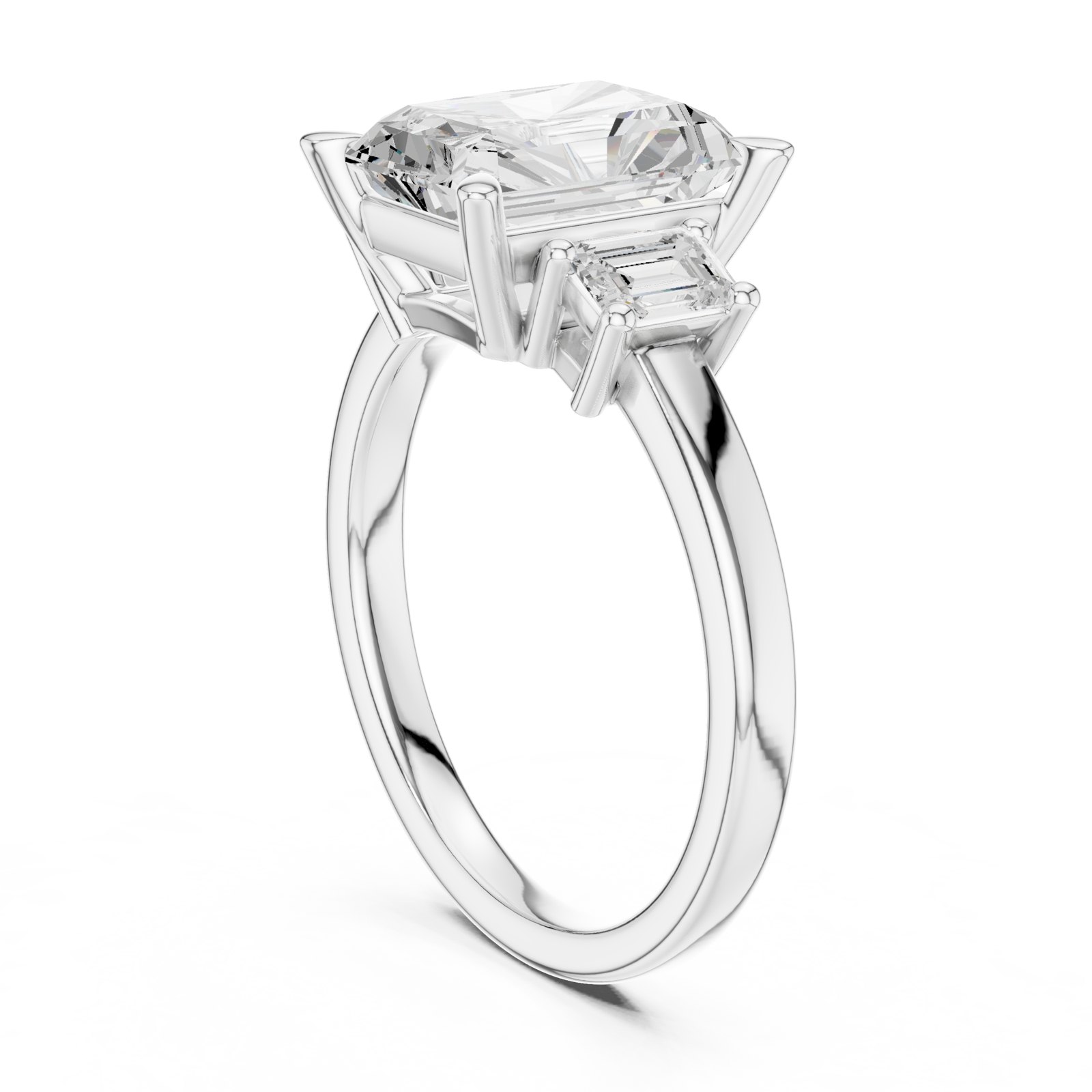Nyla Radiant Cut Three Stone Engagement Ring with Emerald Sides in white gold