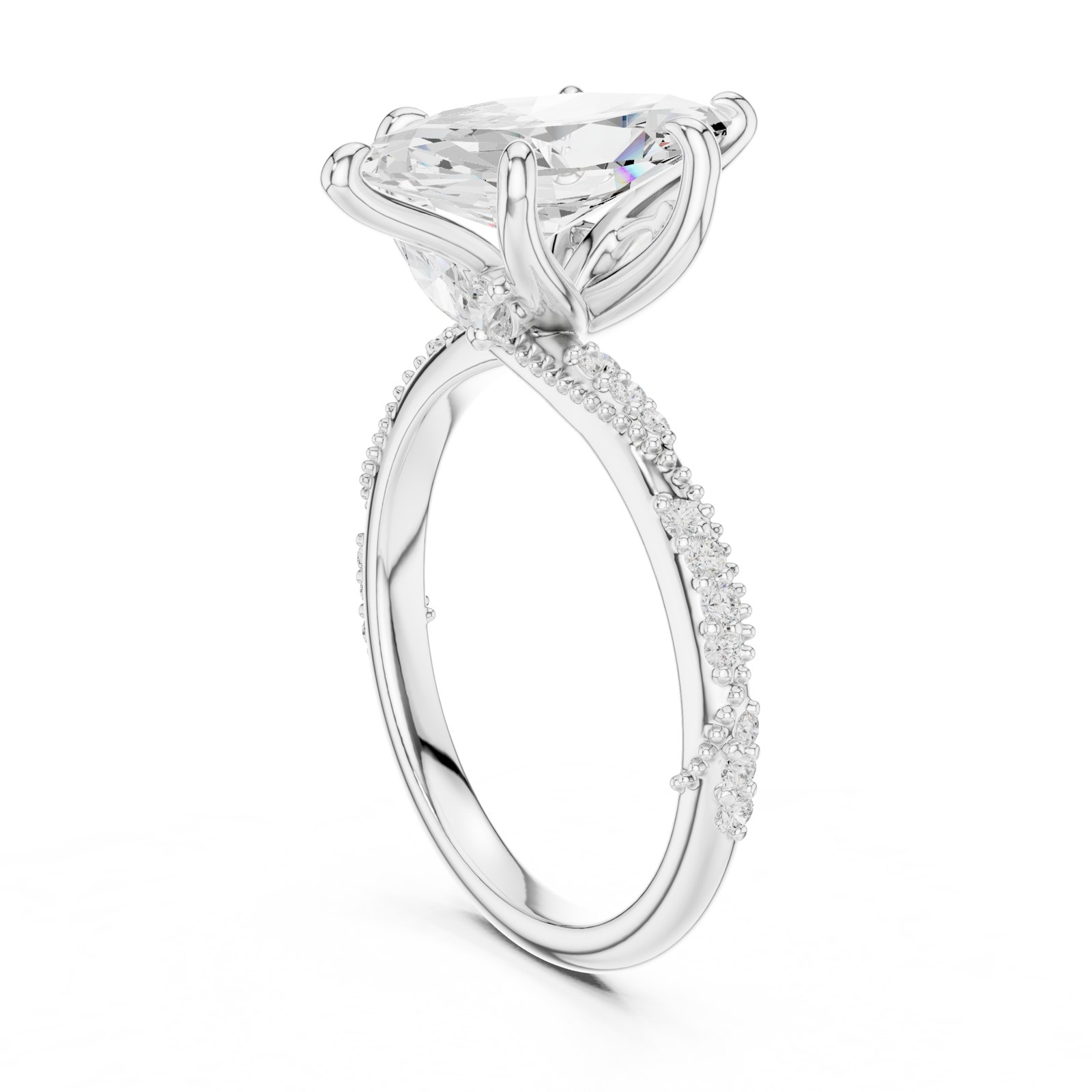 Celene Marquise Twisted Milgrain Pavé Engagement Ring in white gold