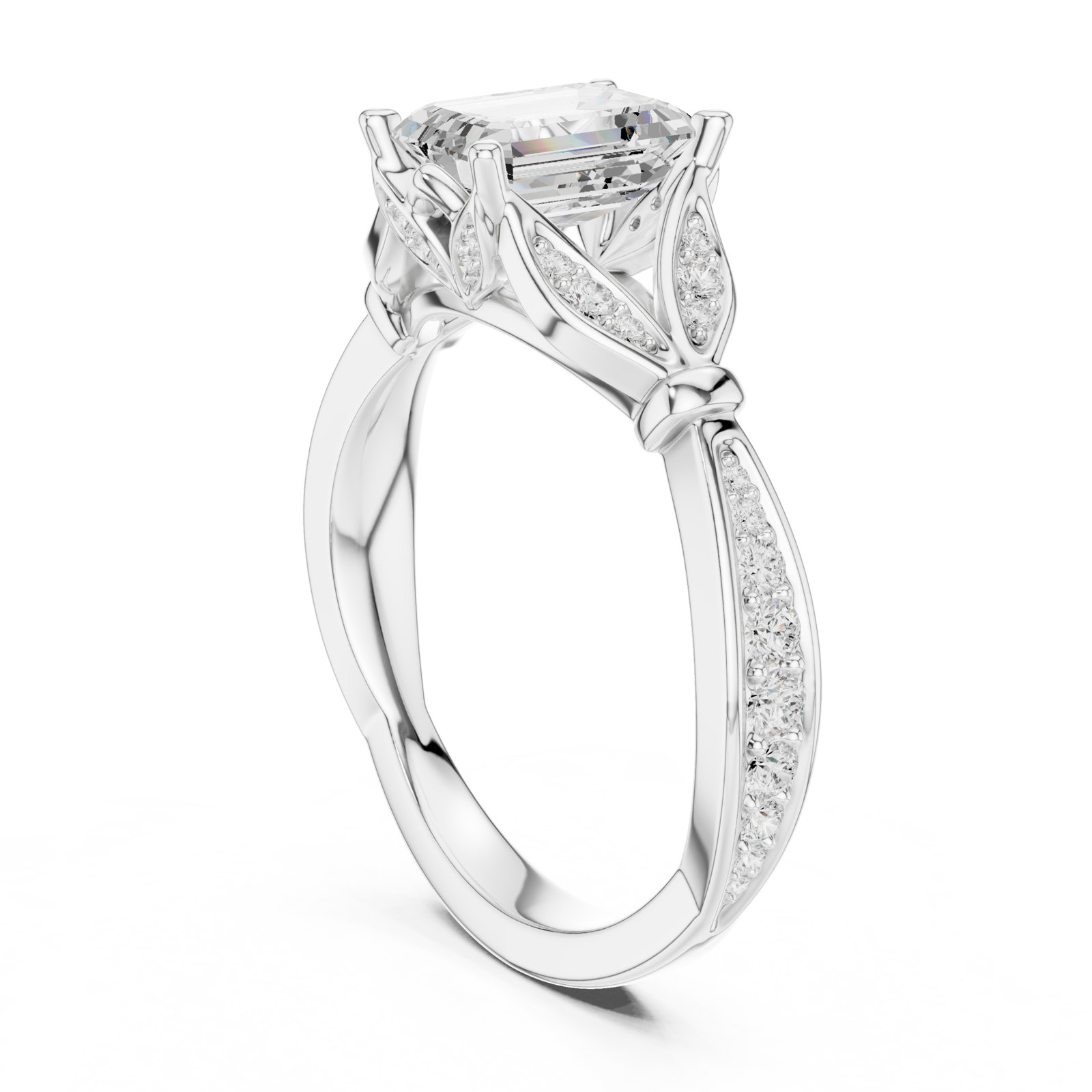 Ute Emerald Cut Leaf Nature Inspired Pavé Engagement Ring in white gold