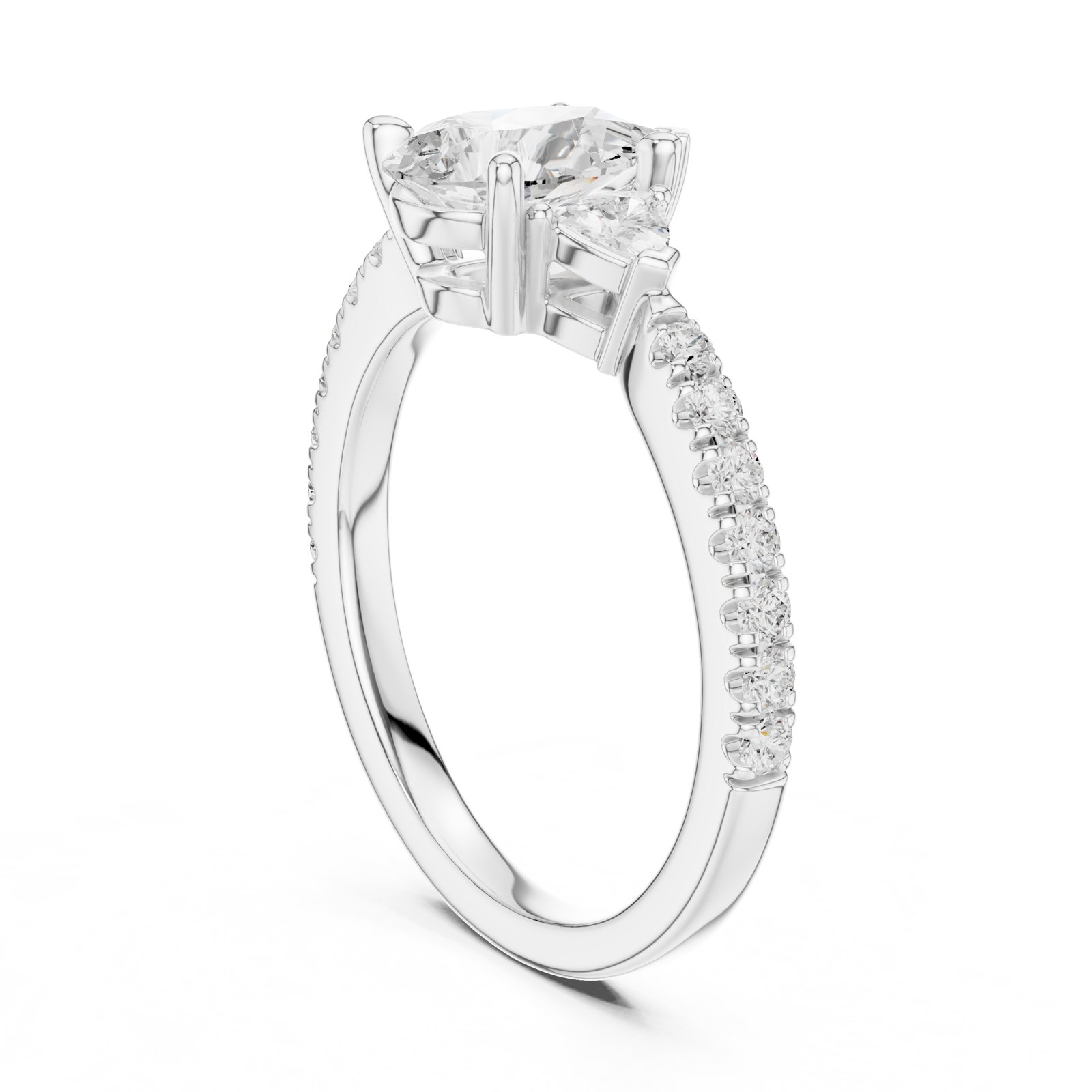 Helene Pear Three Stone Engagement Ring with Trillion Sides in white gold
