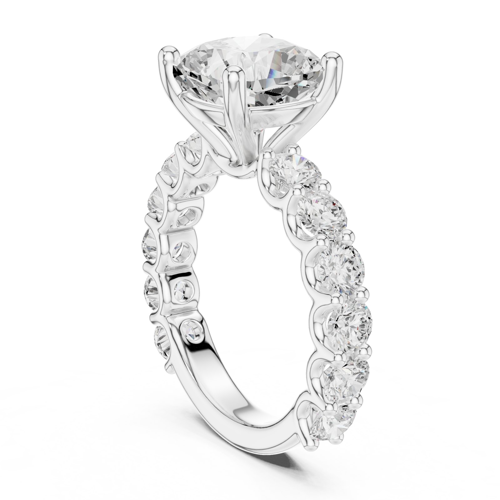 Benigna Cushion Solitaire Engagement Ring with Shared Prong Band in white gold
