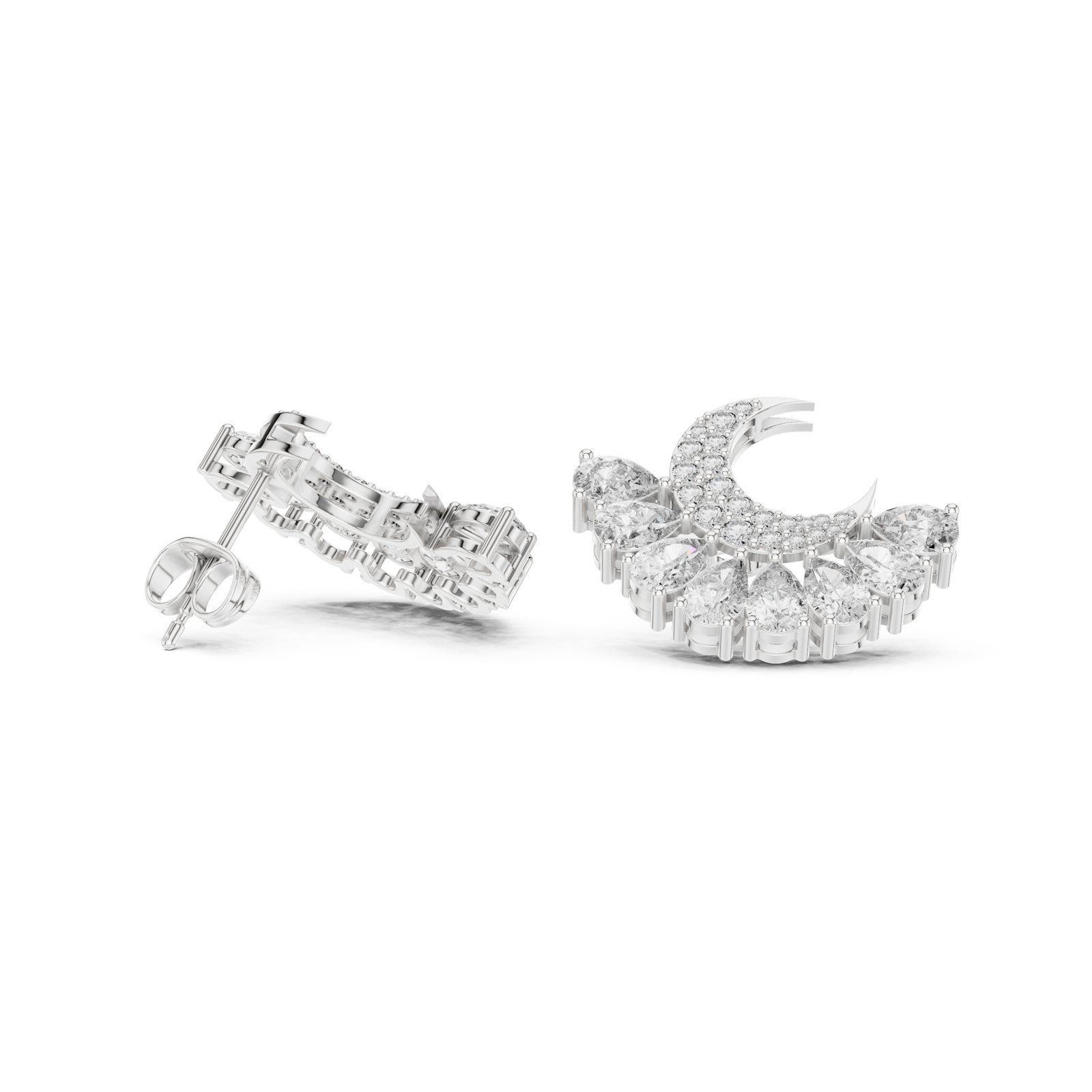 Saga Crescent Pavé and Pear Fan Stud Earrings in white gold