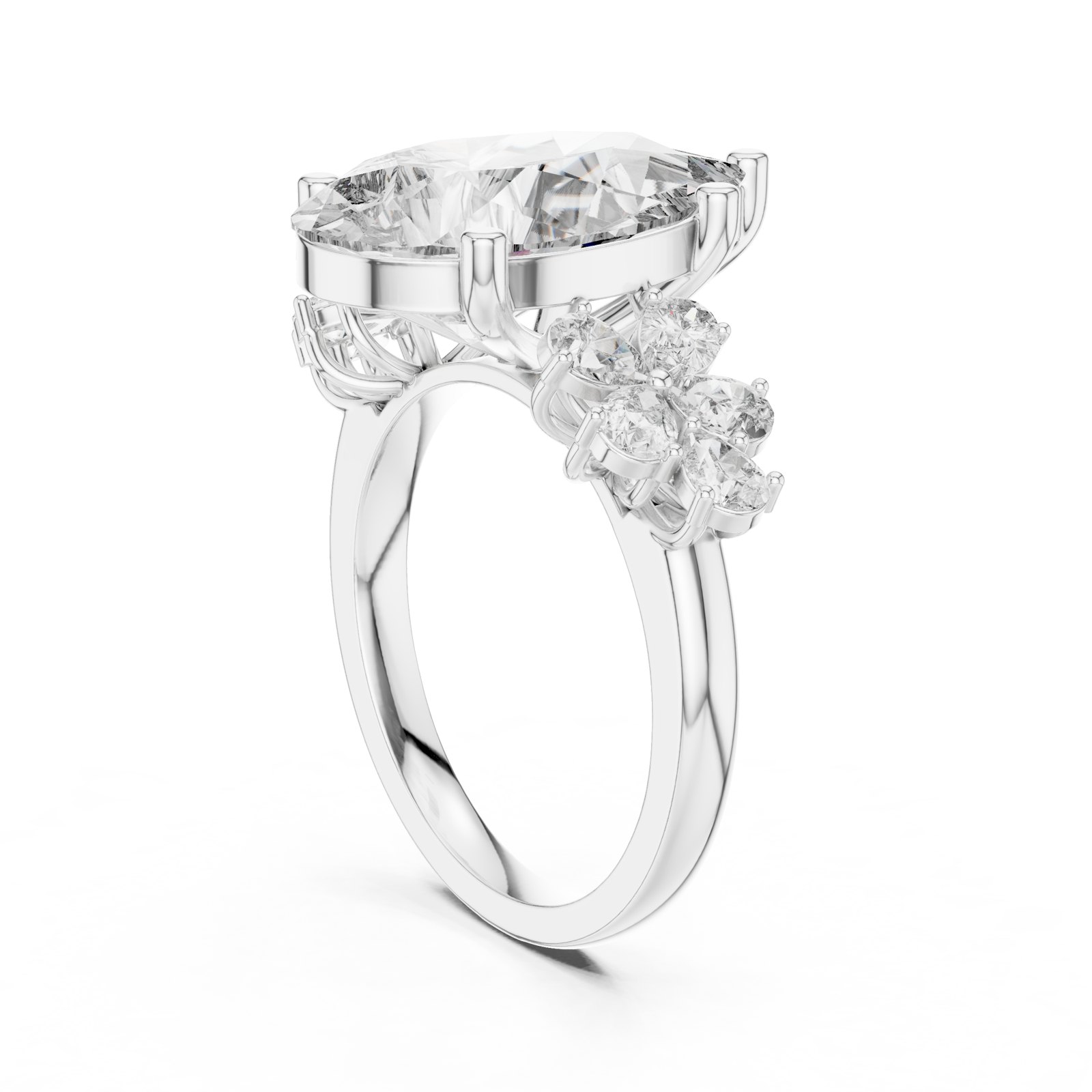 Benedicta Pear Statement Ring with Flower Cluster Shoulders in white gold