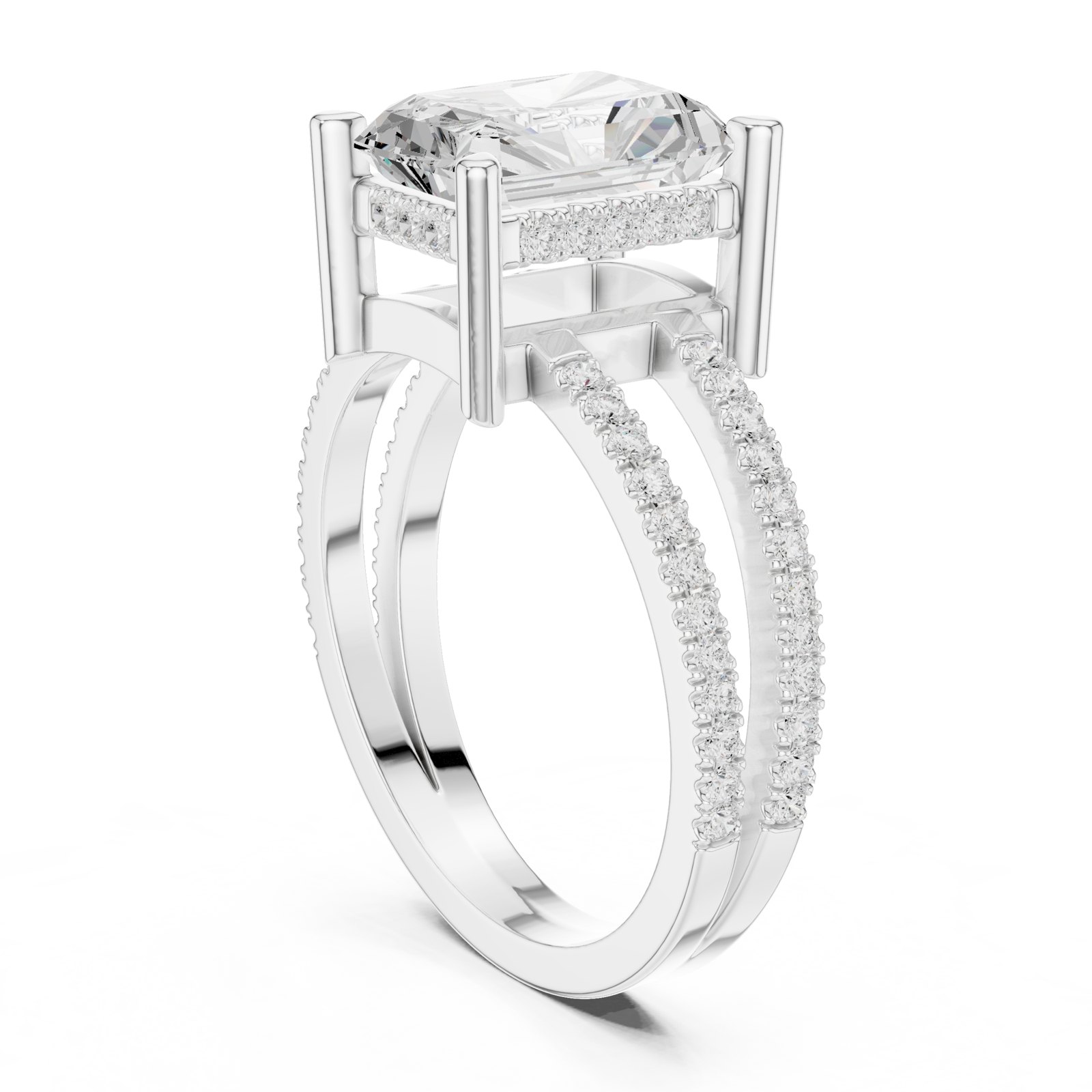 Laila Radiant Hidden Halo Engagement Ring with Split Pavé Band in white gold
