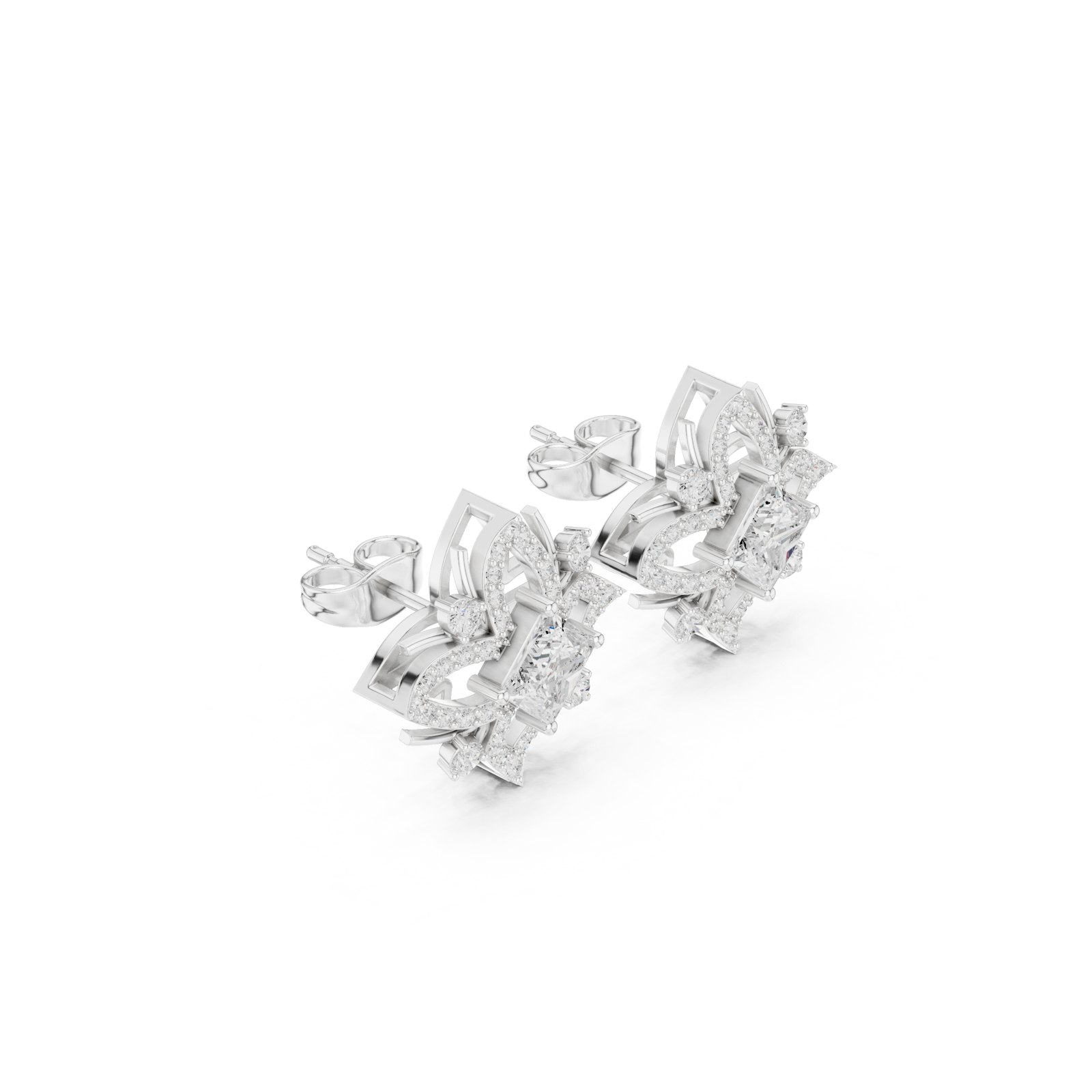 Ellena Princess Diamond Ornate Pavé Halo Stud Earrings in white gold
