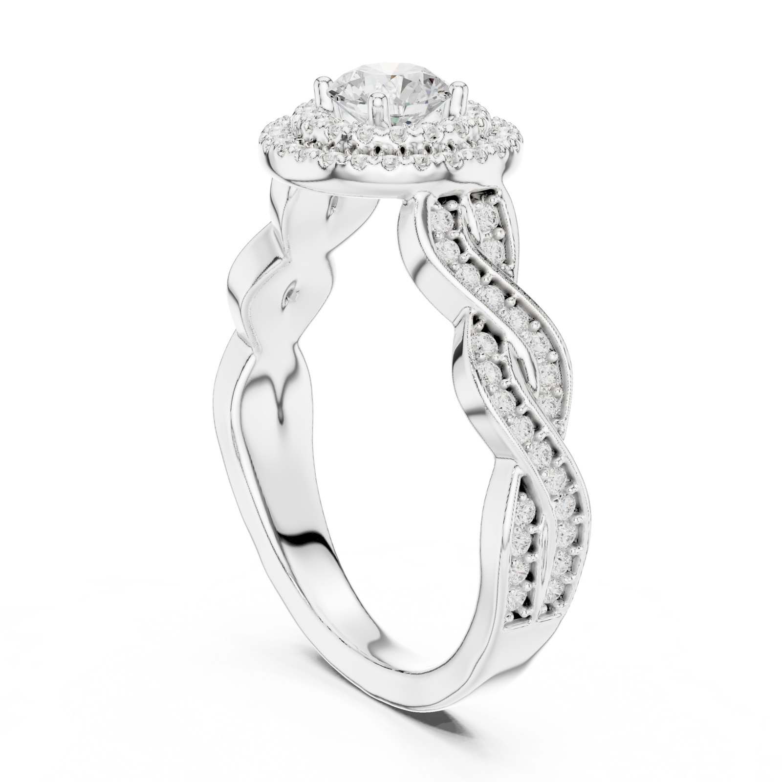 Agafia Round Double Halo Engagement Ring with Twisted Vine Band in white gold
