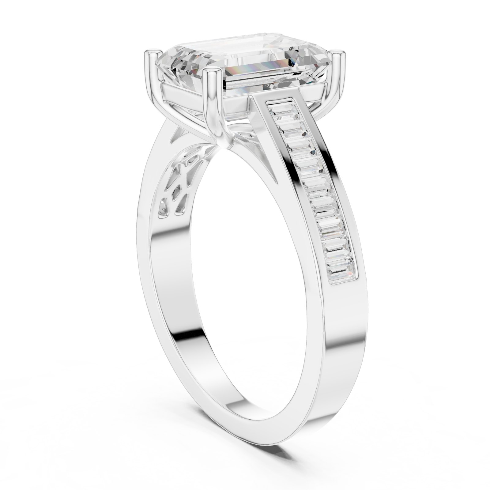 Brisa Emerald Cut Engagement Ring with Baguette Shoulders in white gold