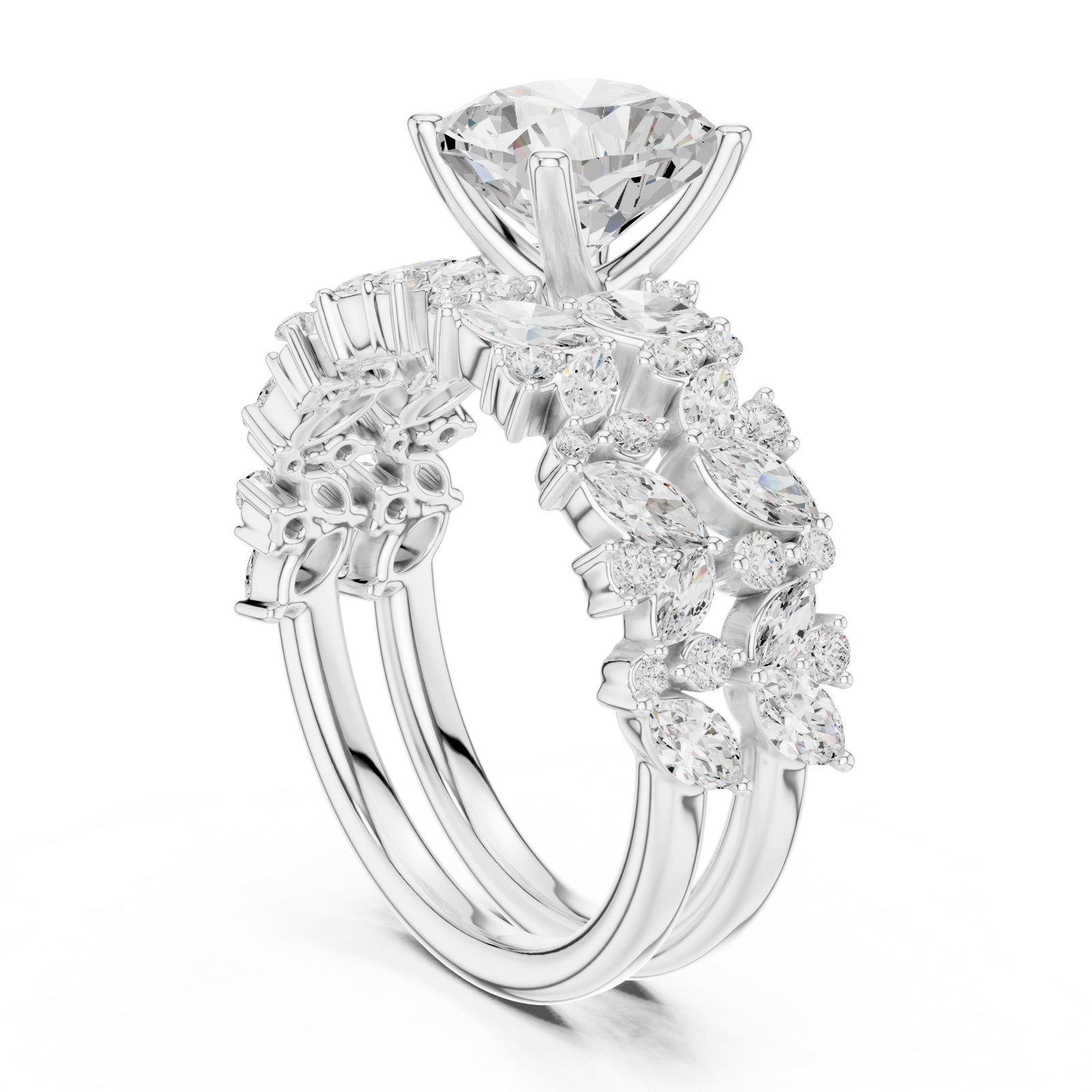 Bibiana Cushion Solitaire Engagement Ring with Marquise Cluster Band in white gold