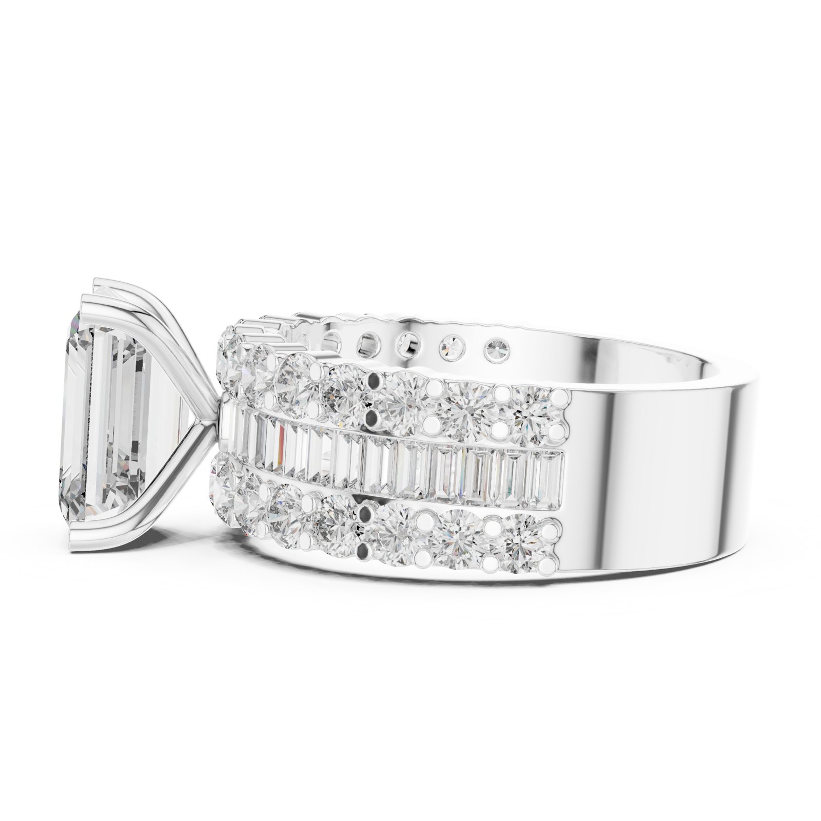 Blanche Emerald Cut Wide Band Ring with Baguette Diamonds in white gold