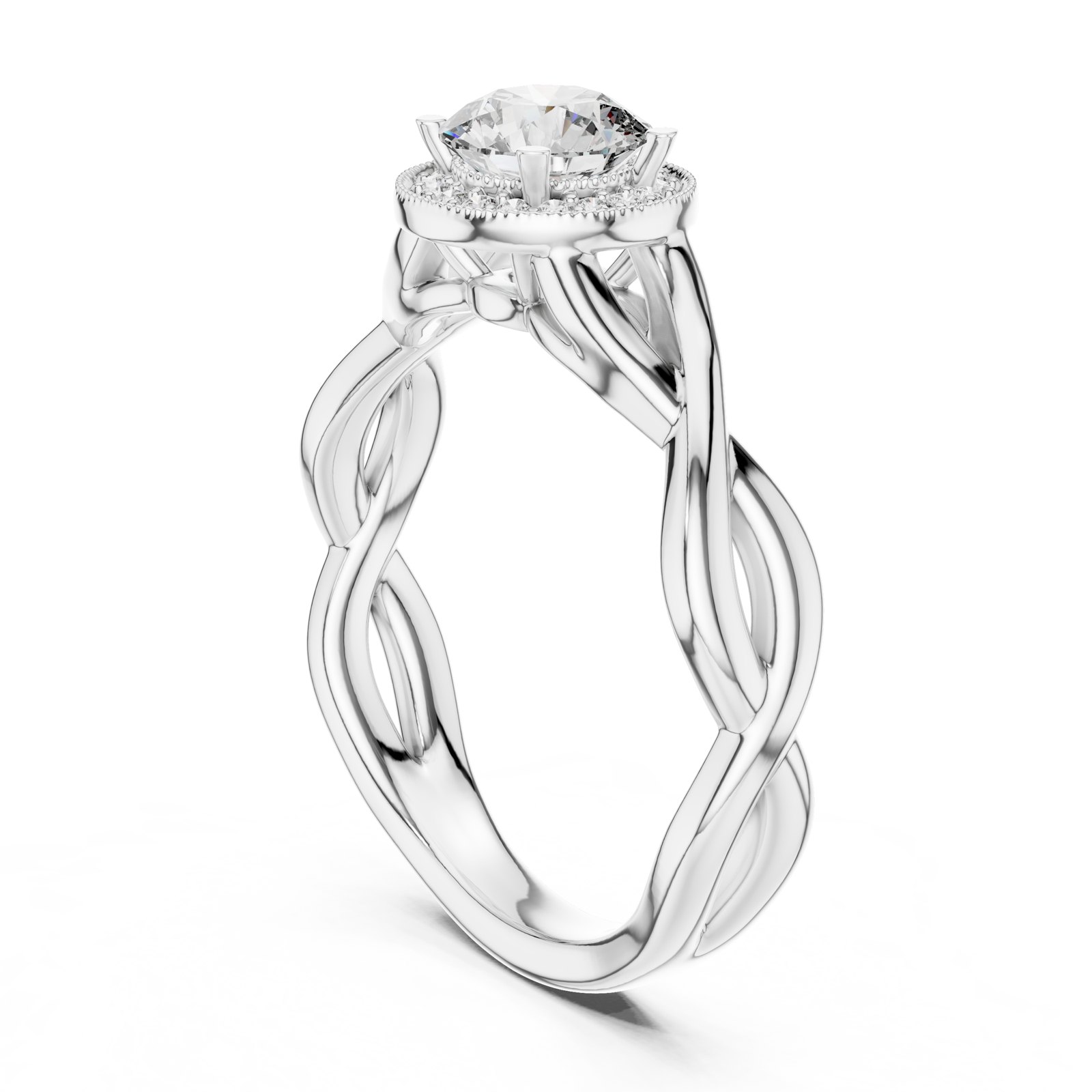 Casiana Round Halo Engagement Ring with Infinity Twist Band in white gold