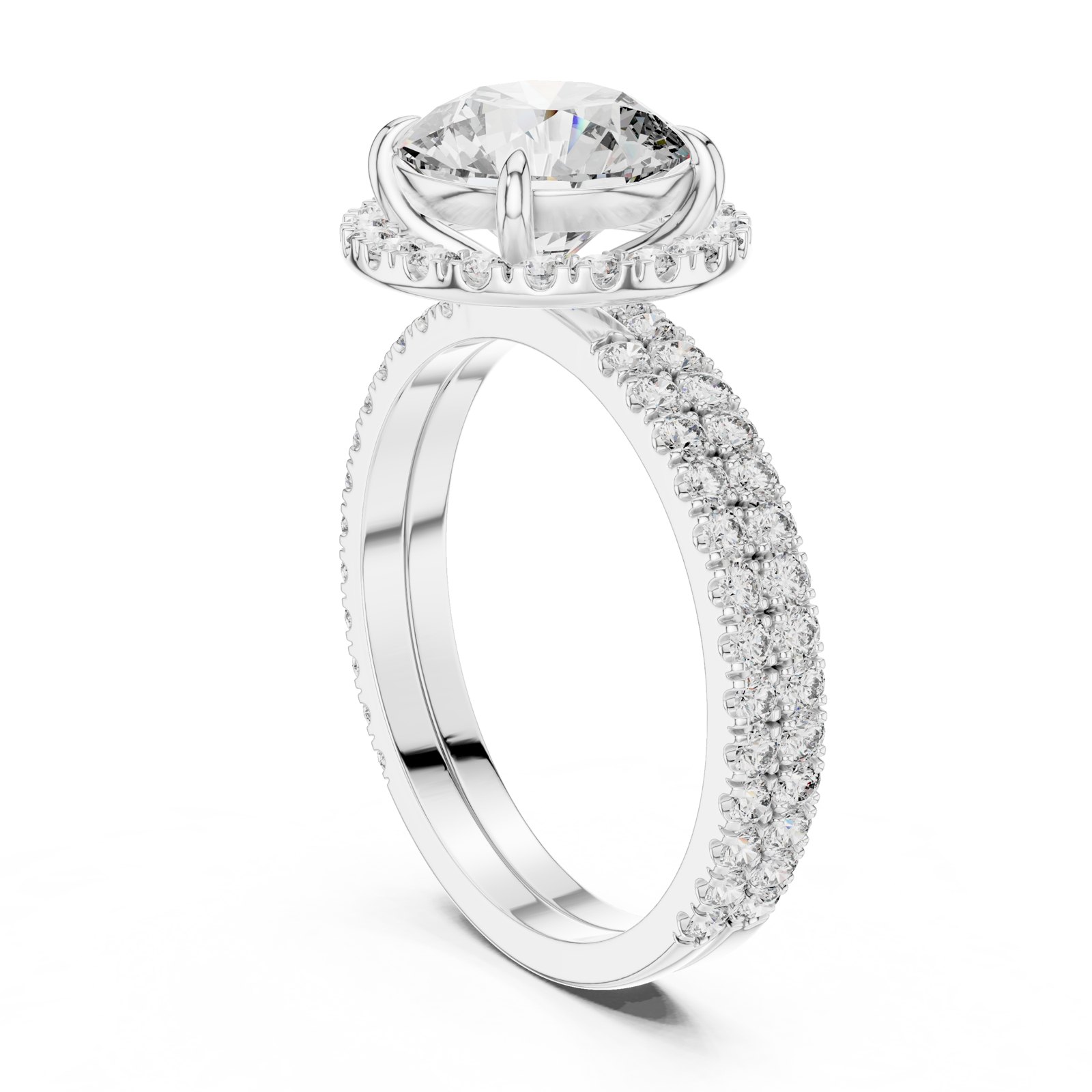 Catrina Round Halo Engagement Ring with Double Row Pavé Band in white gold