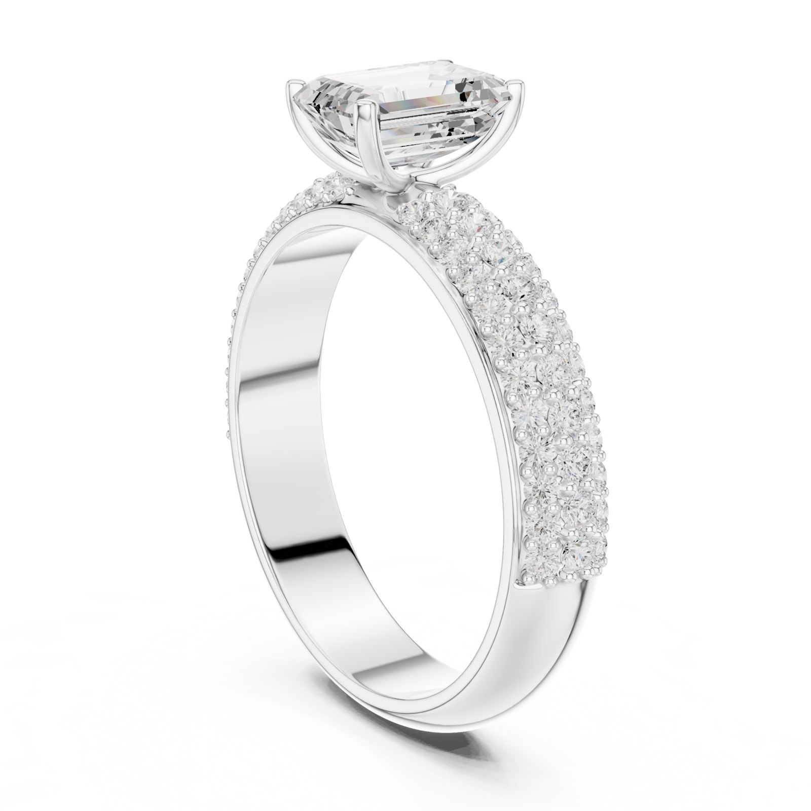 Barbora Emerald Cut Solitaire Engagement Ring with Domed Pavé Band in white gold