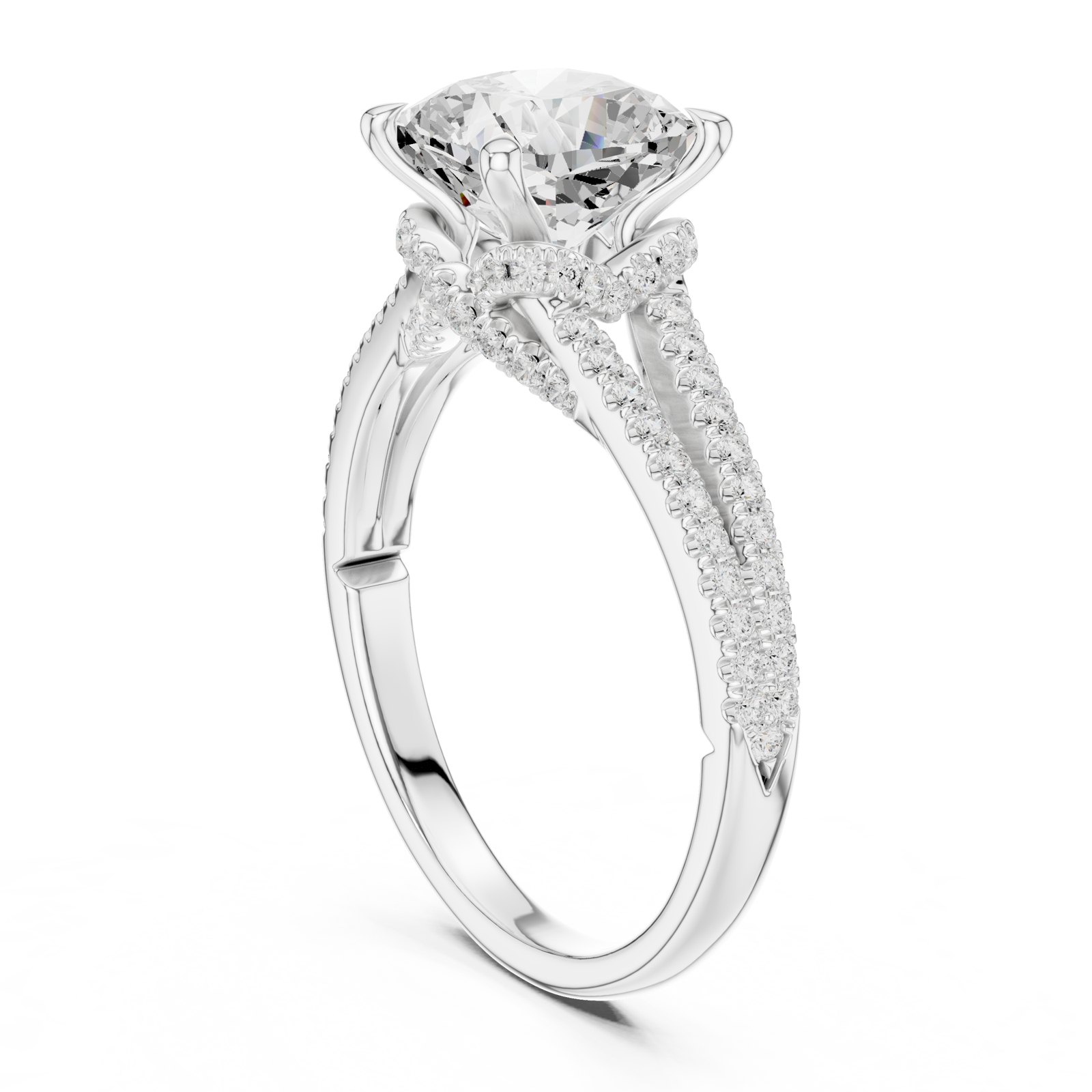Imogen Cushion Hidden Halo Split Shank Engagement Ring in white gold