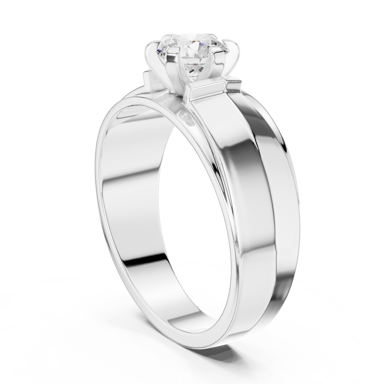 Sergio Men's Round Solitaire Ring with Angled Shoulders in white gold