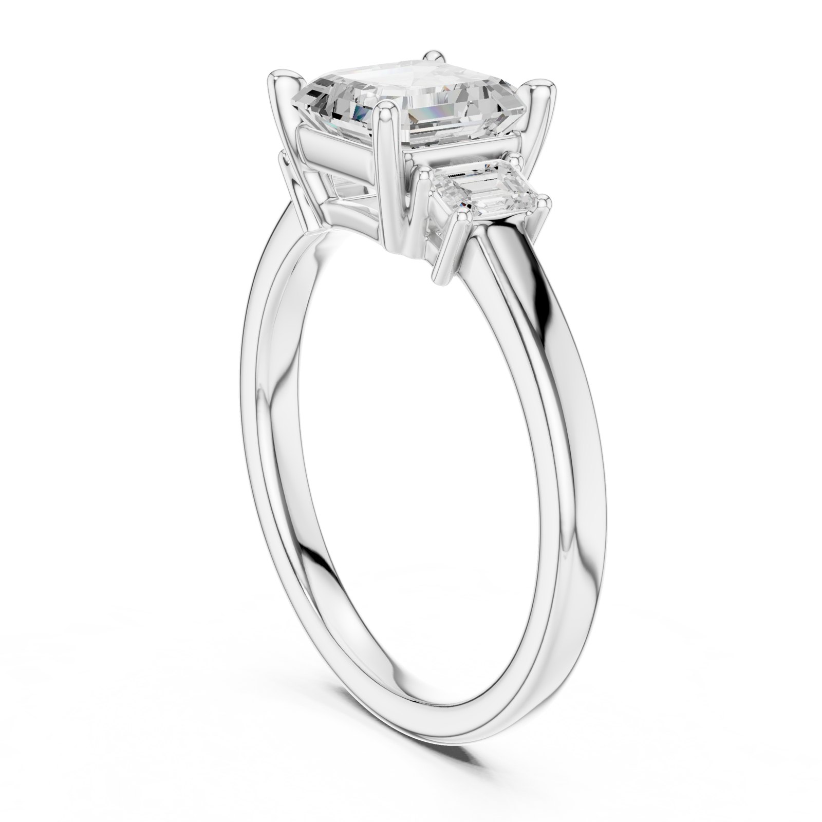 Pearl Asscher Cut Three Stone Engagement Ring with Emerald Sides in white gold