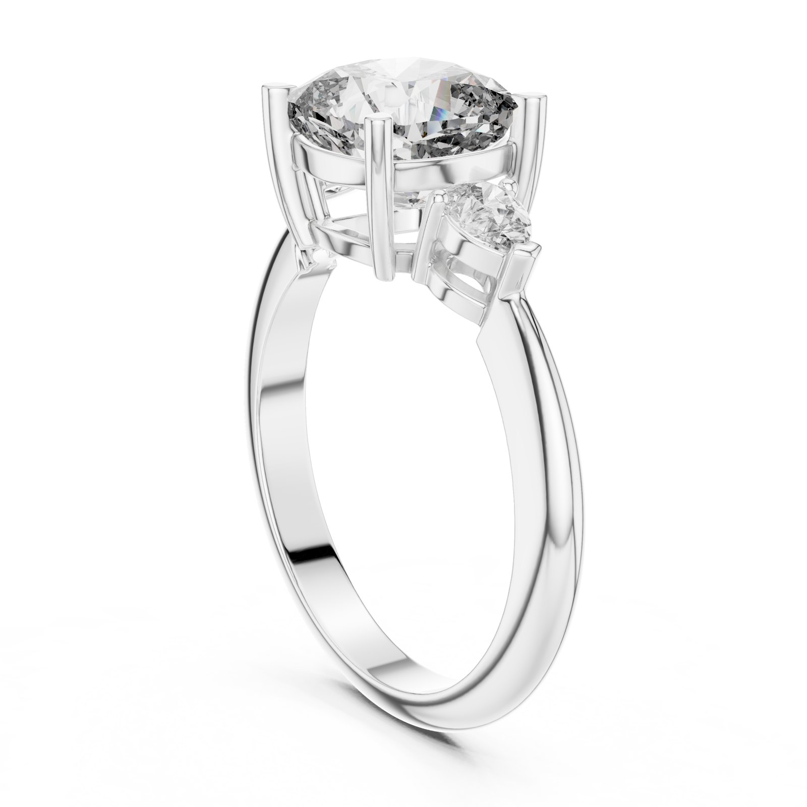 Nina Cushion Cut Three Stone Ring with Pear Side Diamonds in white gold