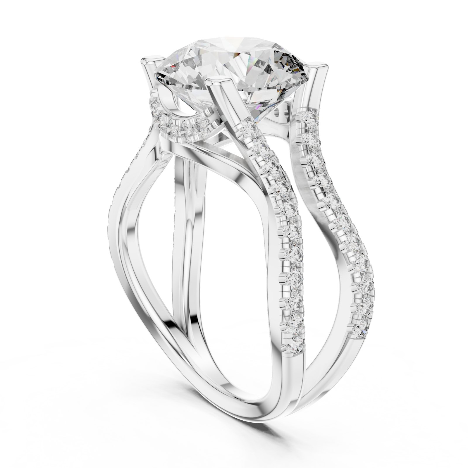 Fiorenza Round Hidden Halo Sculptural Split Shank Engagement Ring in white gold