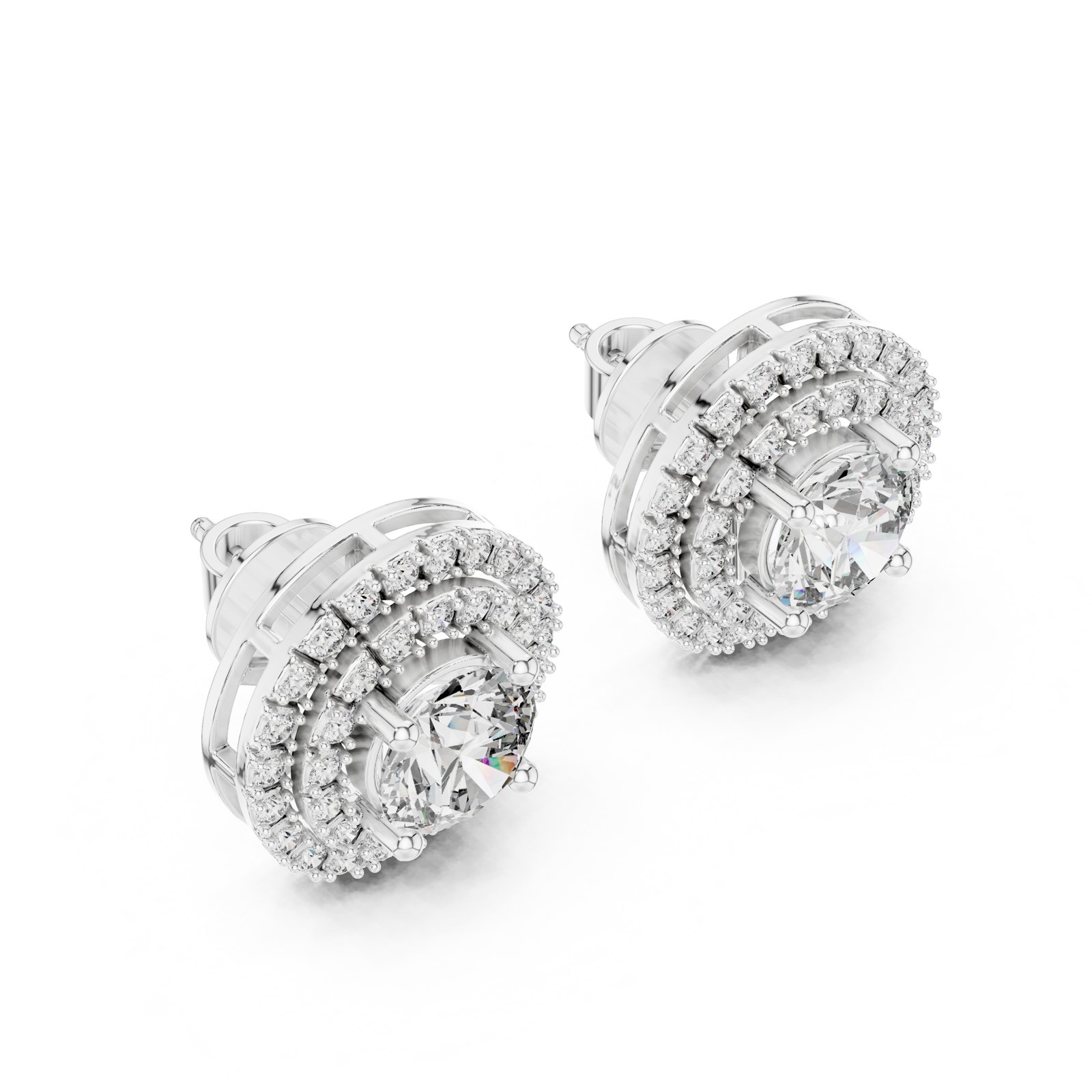 Ginette Round Double Halo Stud Earrings in white gold