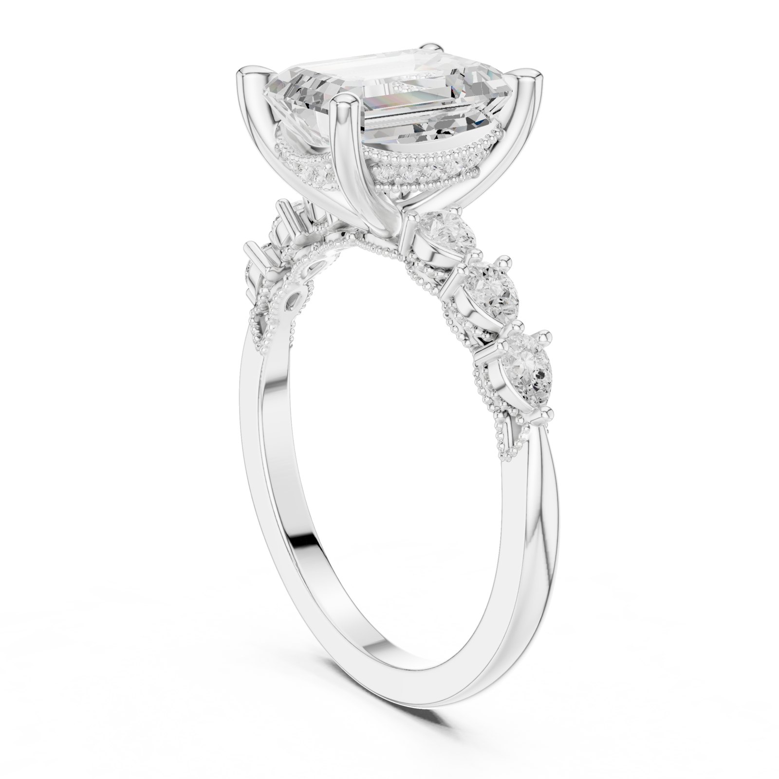 Diane Emerald Cut Hidden Halo Engagement Ring with Pear Accents in white gold