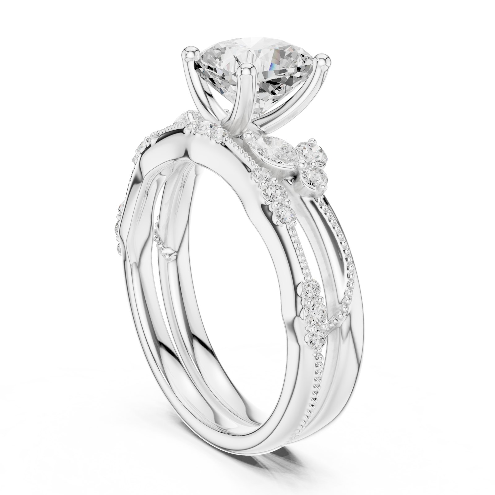 Georgette Cushion Botanical Engagement Ring with Marquise Sprigs in white gold