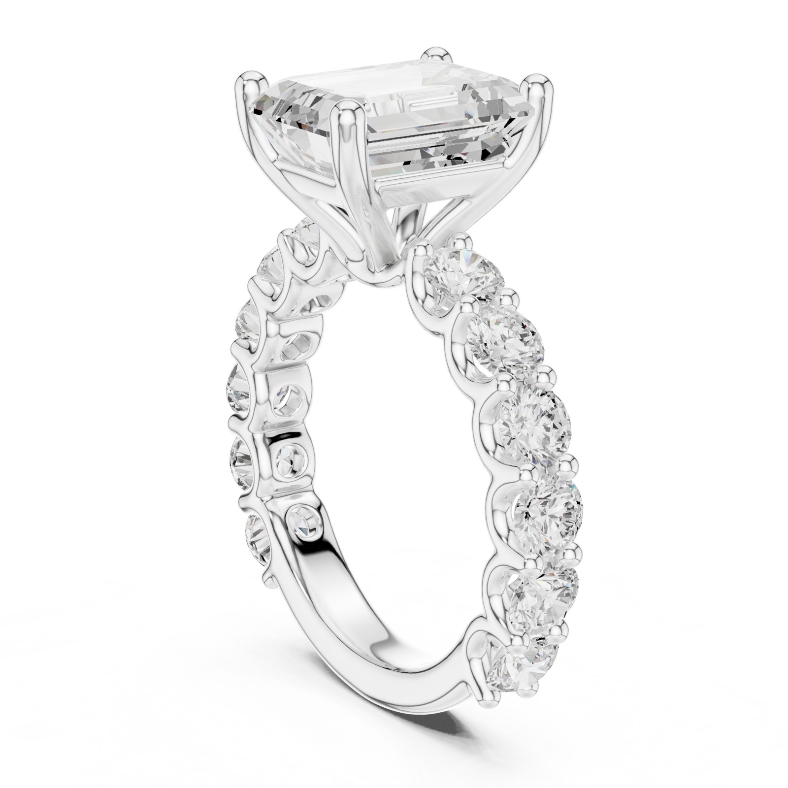 Benigna Emerald Cut Engagement Ring with Shared Prong Band in white gold
