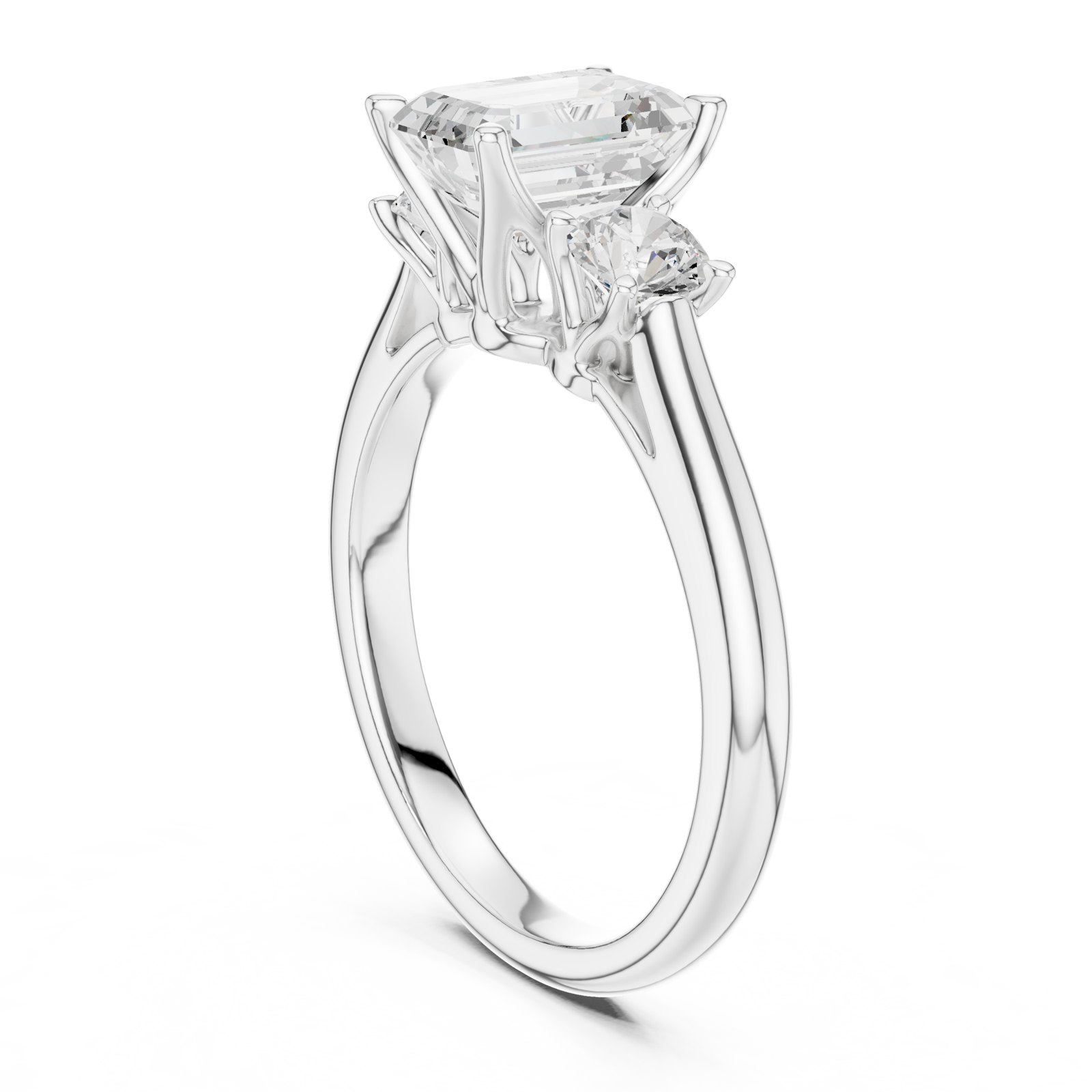 Ione Emerald Cut Three Stone Engagement Ring with Round Sides in white gold