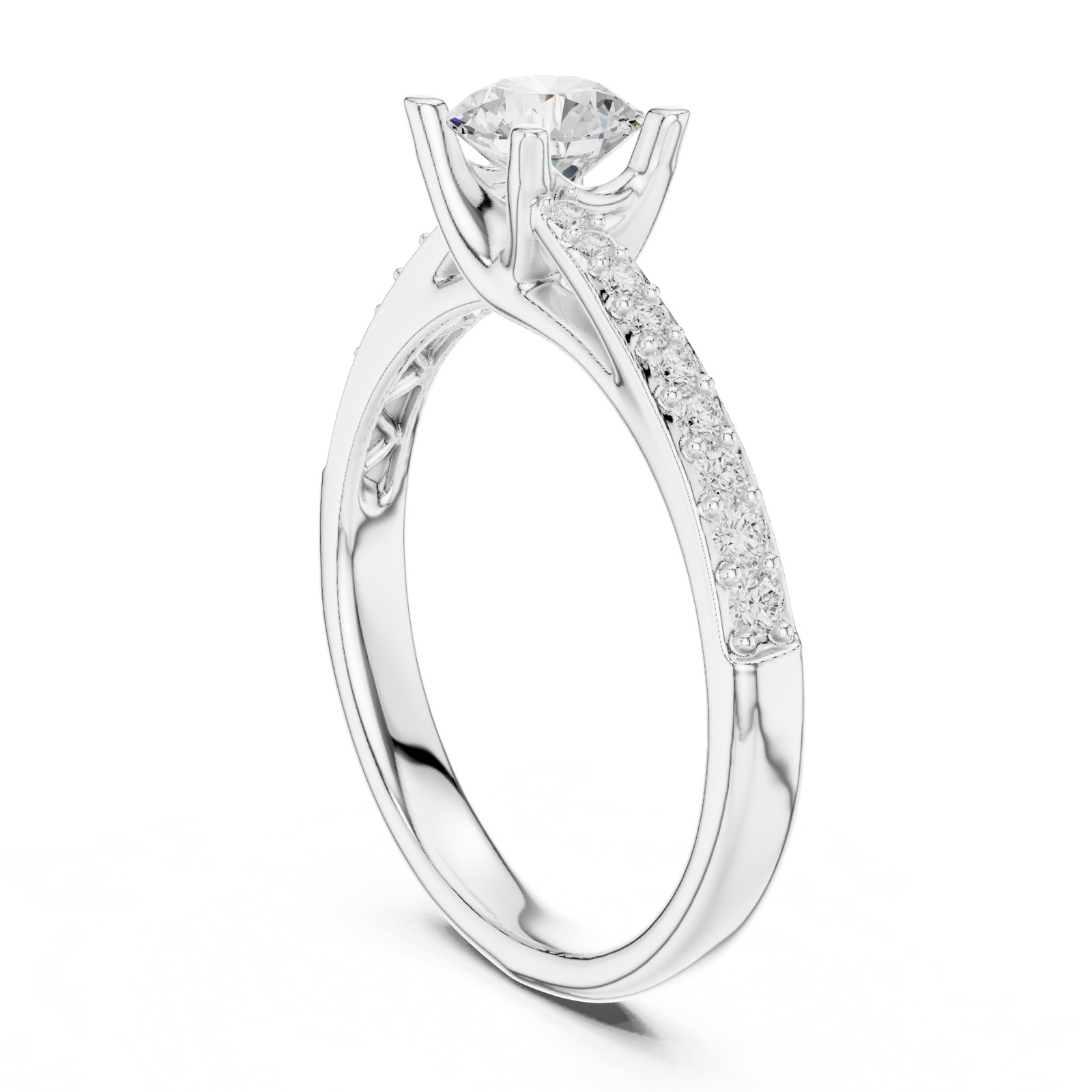 Ayla Round Solitaire Engagement Ring with Pavé Shoulders in white gold