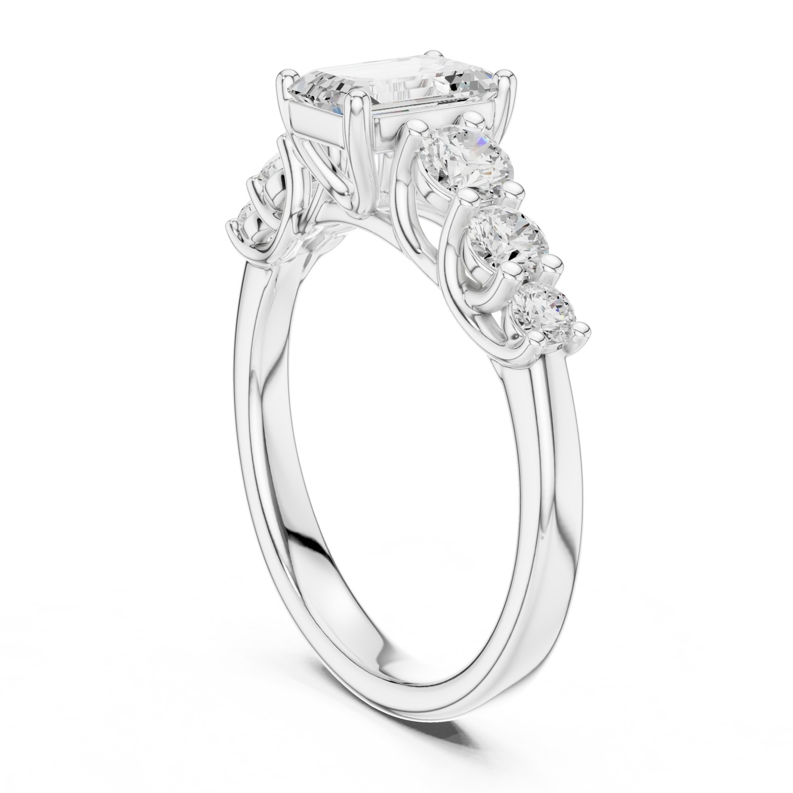 Ildiko Emerald Cut Engagement Ring with Graduated Side Stones in white gold