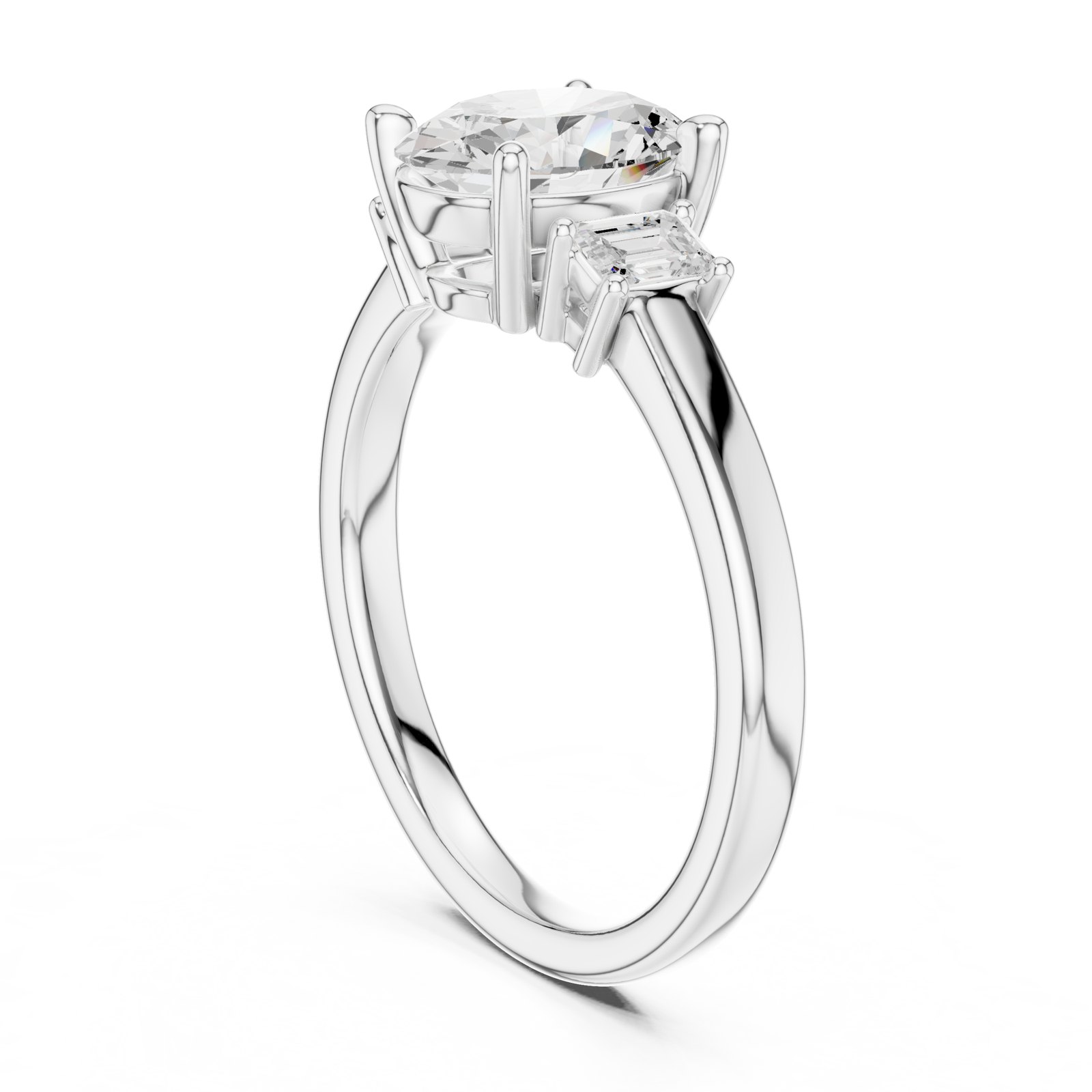 Penelope Oval Three Stone Engagement Ring with Emerald Cut Sides in white gold
