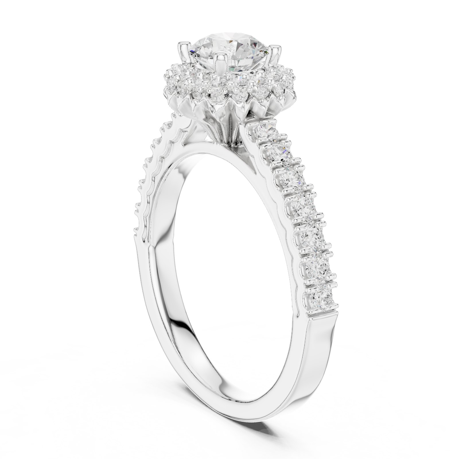Esperanza Round Halo Engagement Ring with Scalloped Pavé Band in white gold