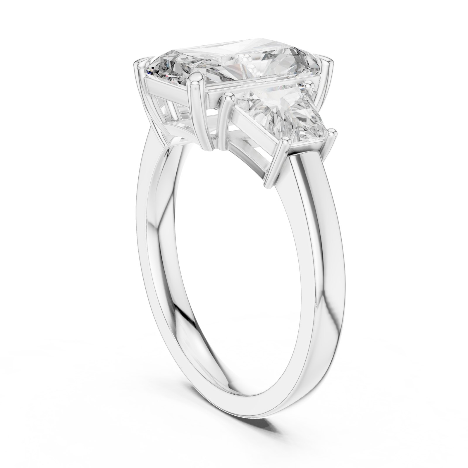 Nara Radiant Cut Three Stone Ring with Trapezoid Sides in white gold