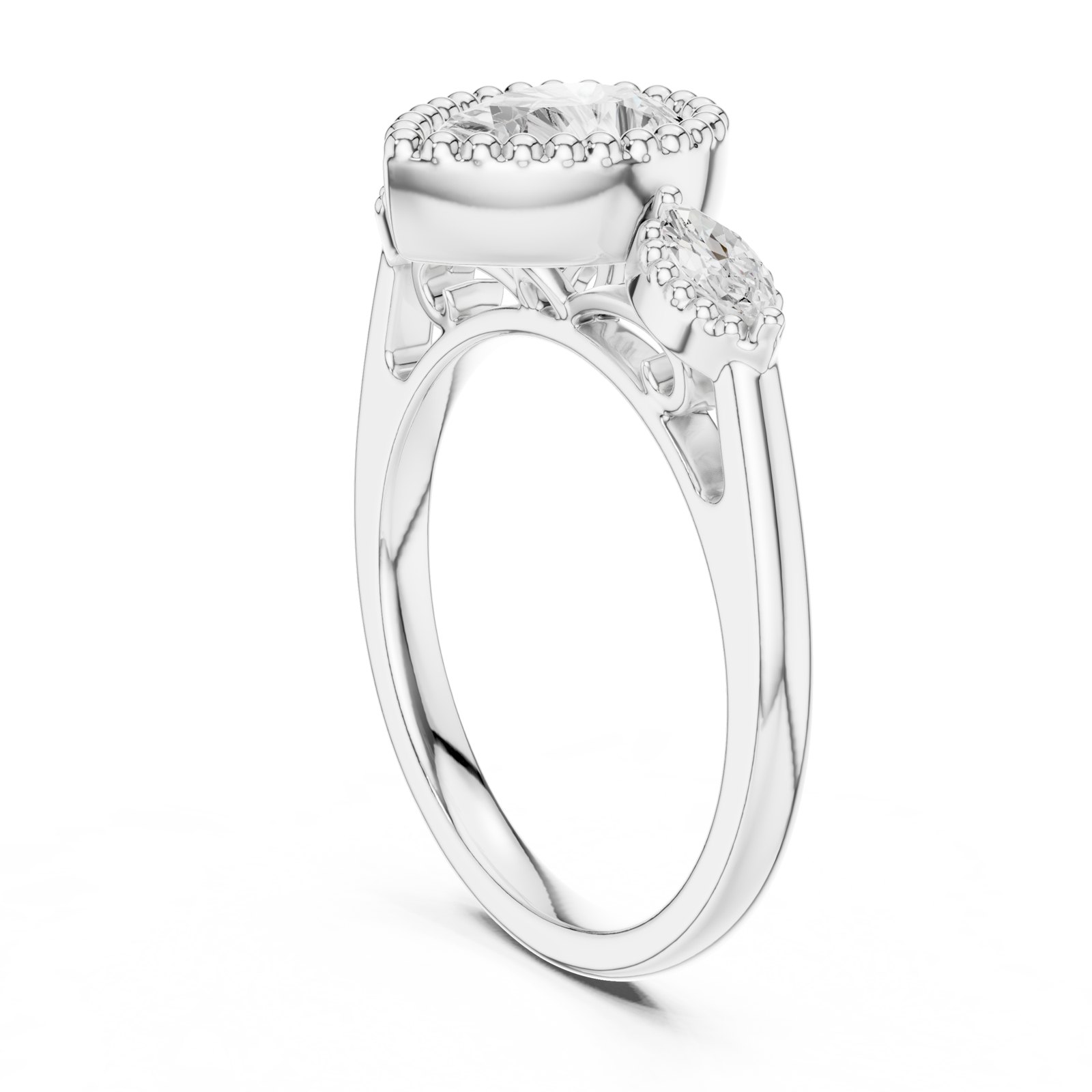 Estela Pear Bezel Three Stone Engagement Ring with Milgrain in white gold