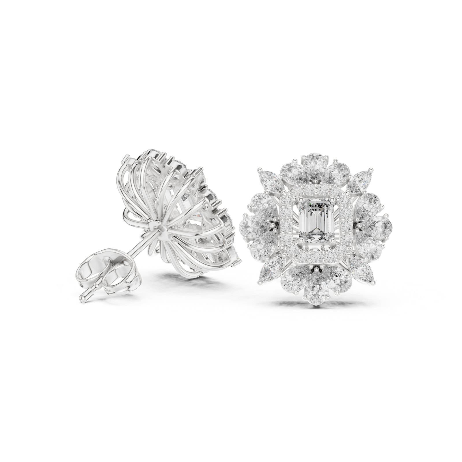Trillium Emerald Cut Floral Halo Diamond Stud Earrings in white gold